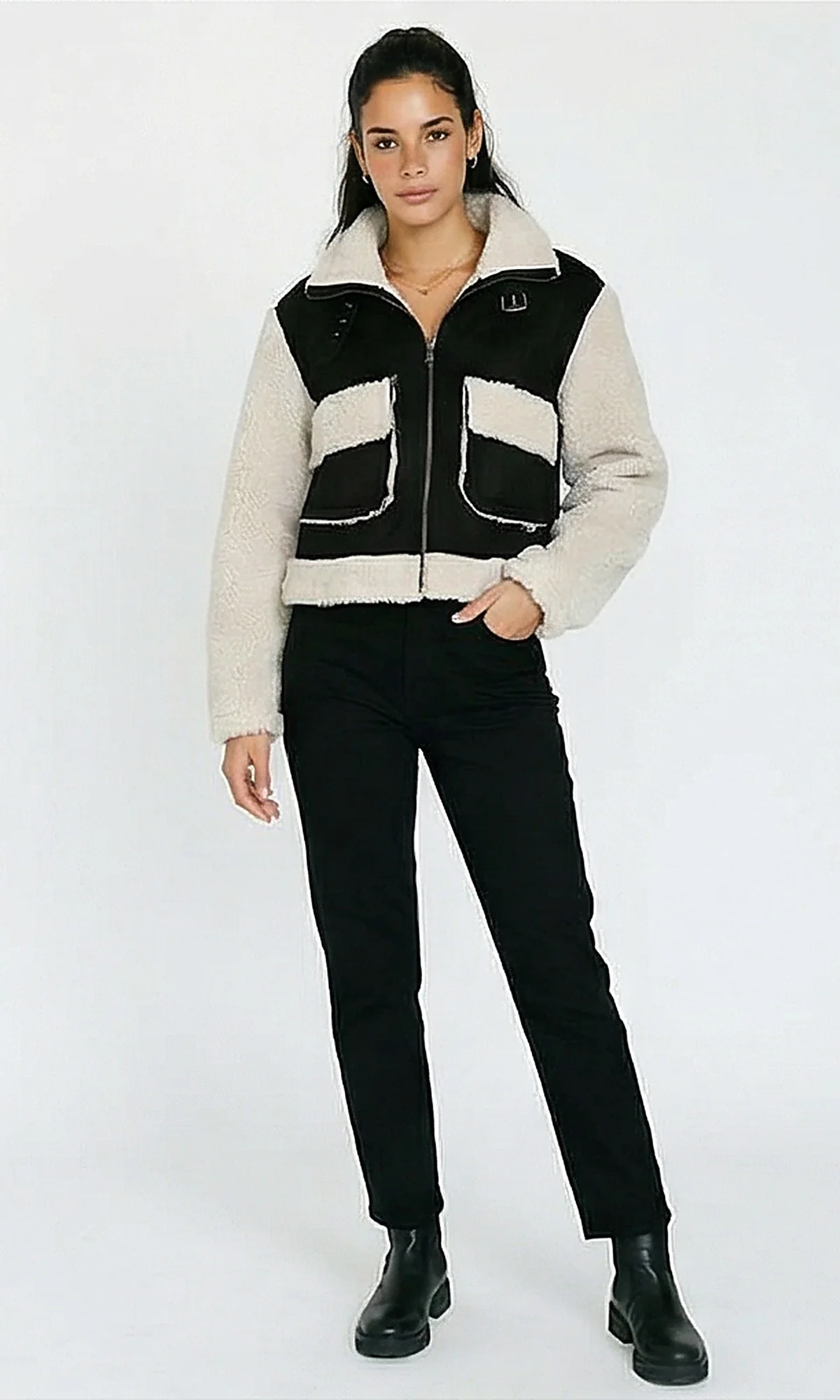 R214182 - Bi-Tone Suede Jacket with Wool Sleeves - Black & Off-White - Image 4