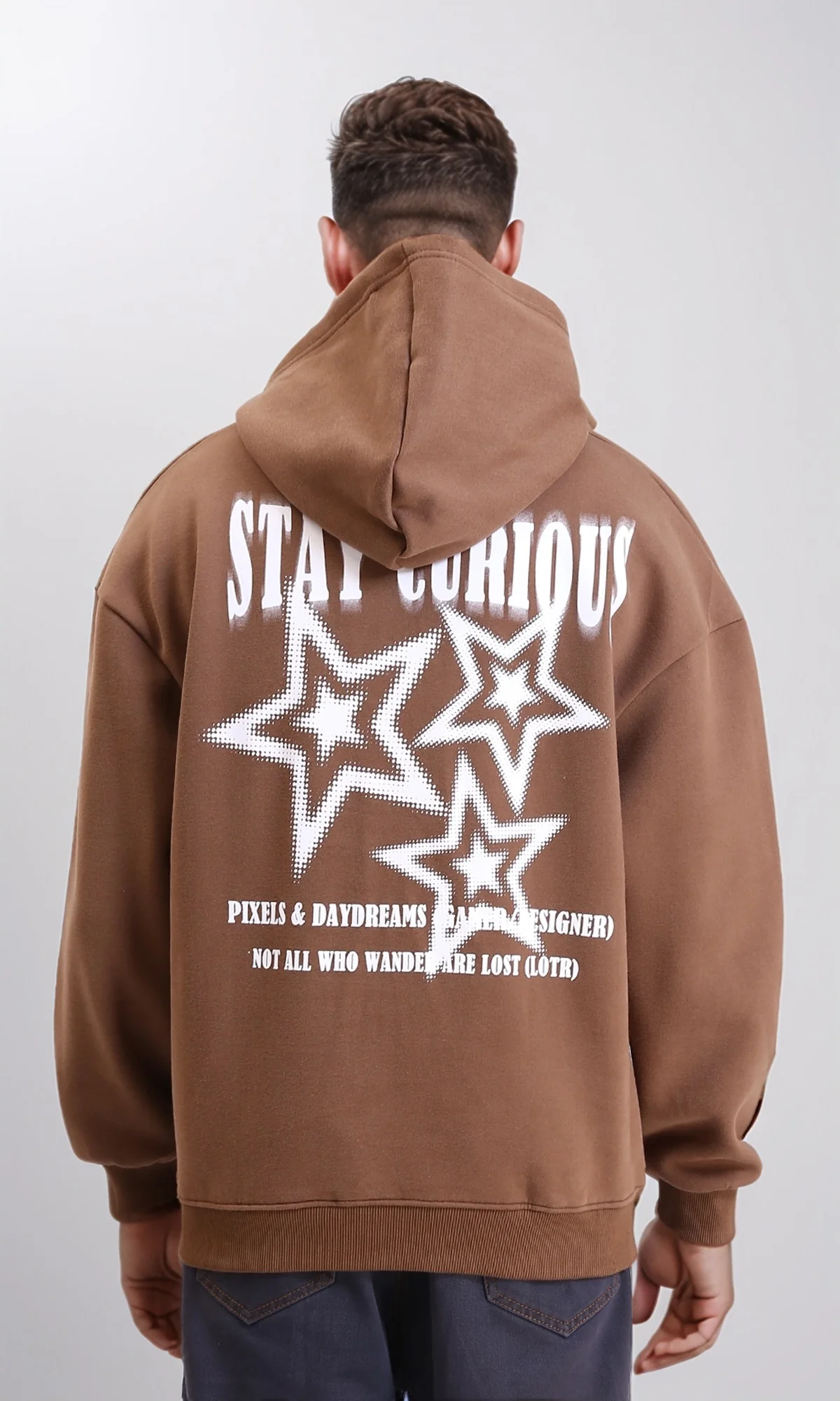 R214210 - Printed "Stay Curious" Hoodie with Pocket - Light Brown - Image 2