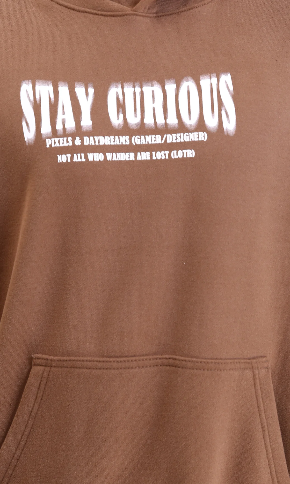 R214210 - Printed "Stay Curious" Hoodie with Pocket - Light Brown - Image 3