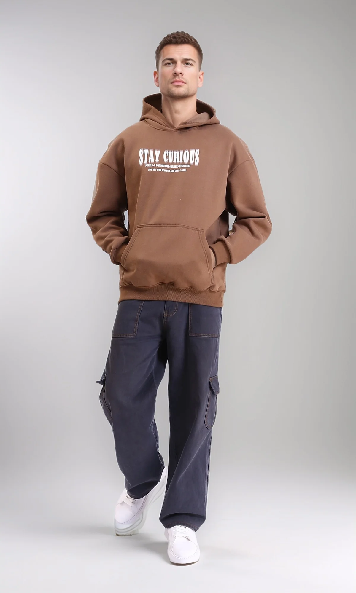 R214210 - Printed "Stay Curious" Hoodie with Pocket - Light Brown - Image 4