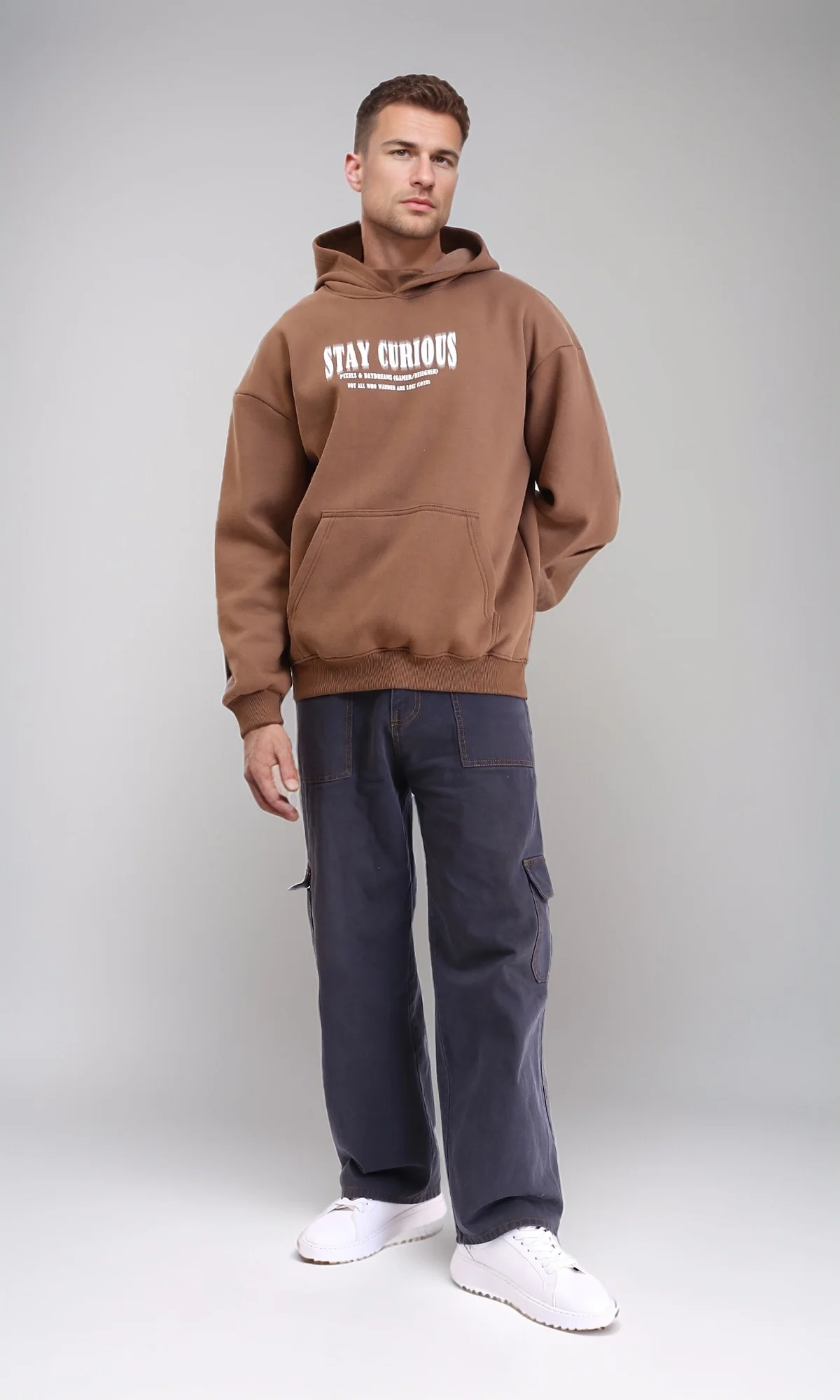 R214210 - Printed "Stay Curious" Hoodie with Pocket - Light Brown - Image 5
