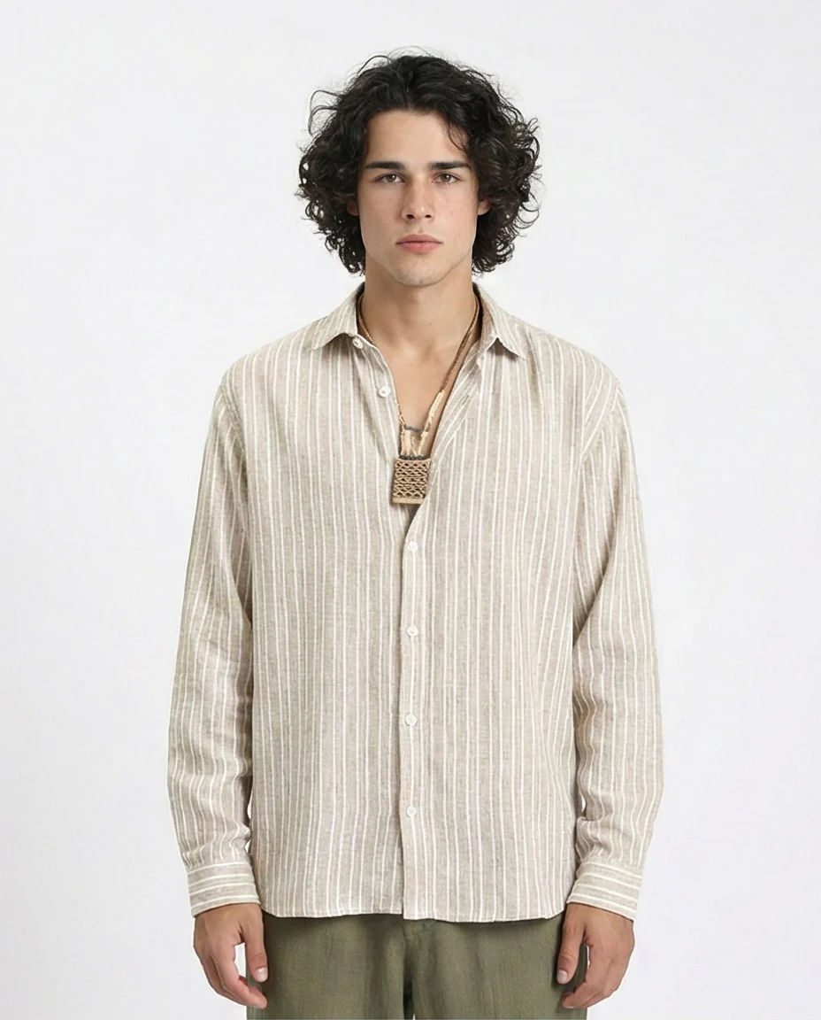 R214221 - Striped Long Sleeves Casual Shirt - Dark Khaki & White