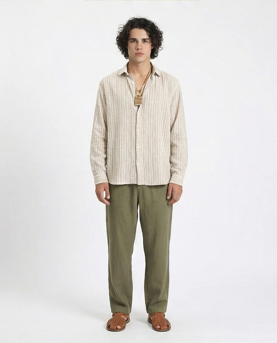 R214221 - Striped Long Sleeves Casual Shirt - Dark Khaki & White - Image 4