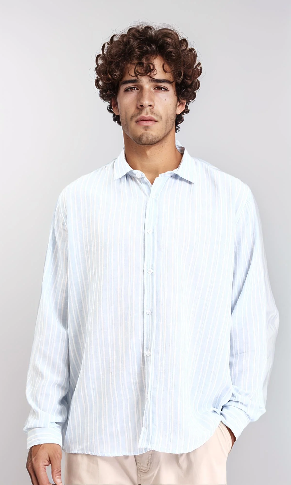 R214223 - Striped Long Sleeves Casual Shirt - Aqua & White