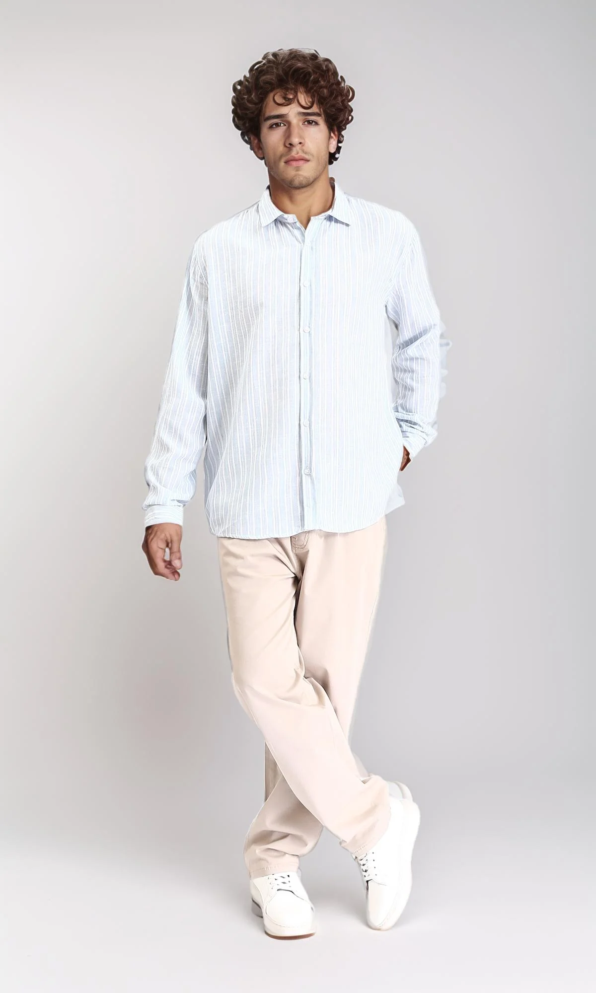 R214223 - Striped Long Sleeves Casual Shirt - Aqua & White - Image 5