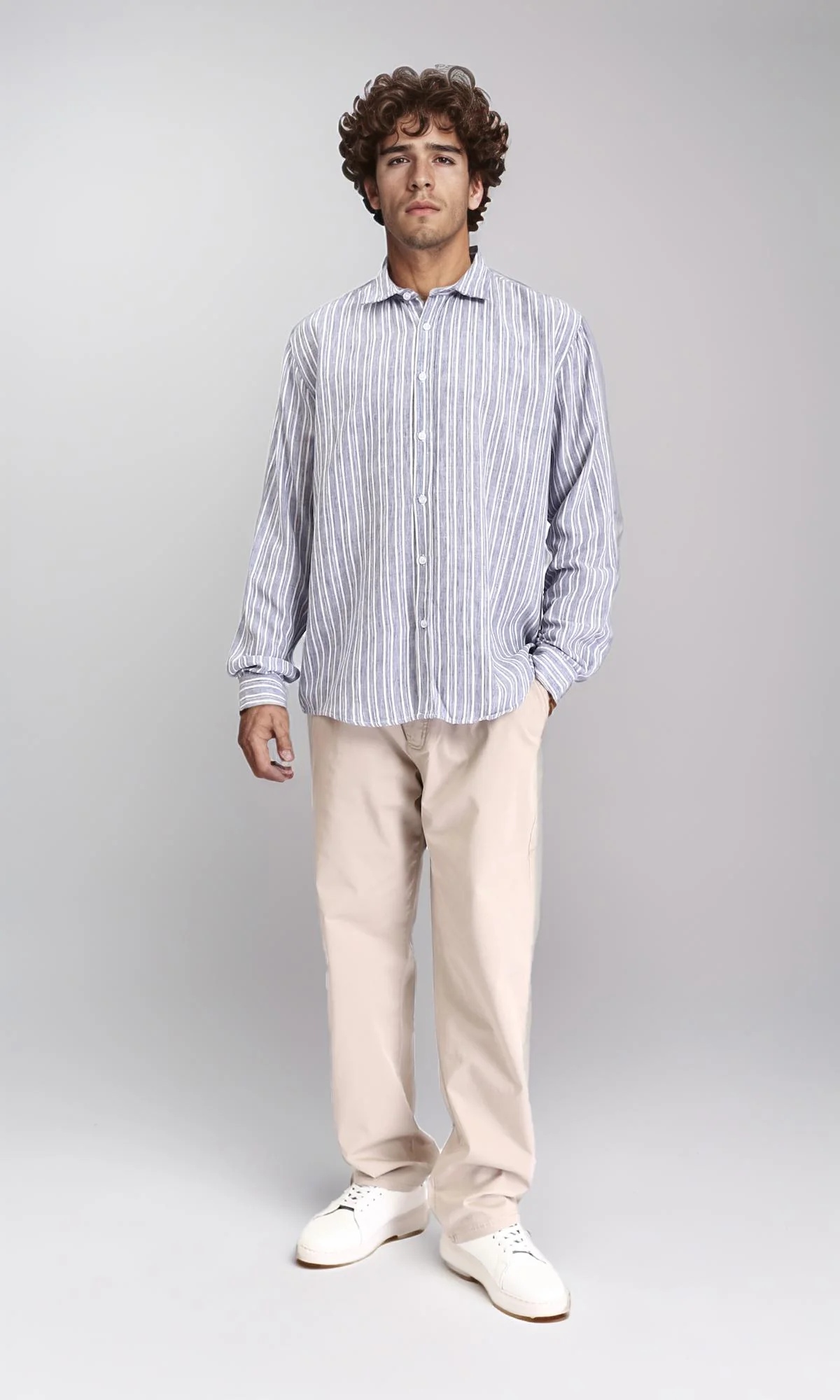 R214224 - Striped Long Sleeves Casual Shirt - Navy Blue & White - Image 4