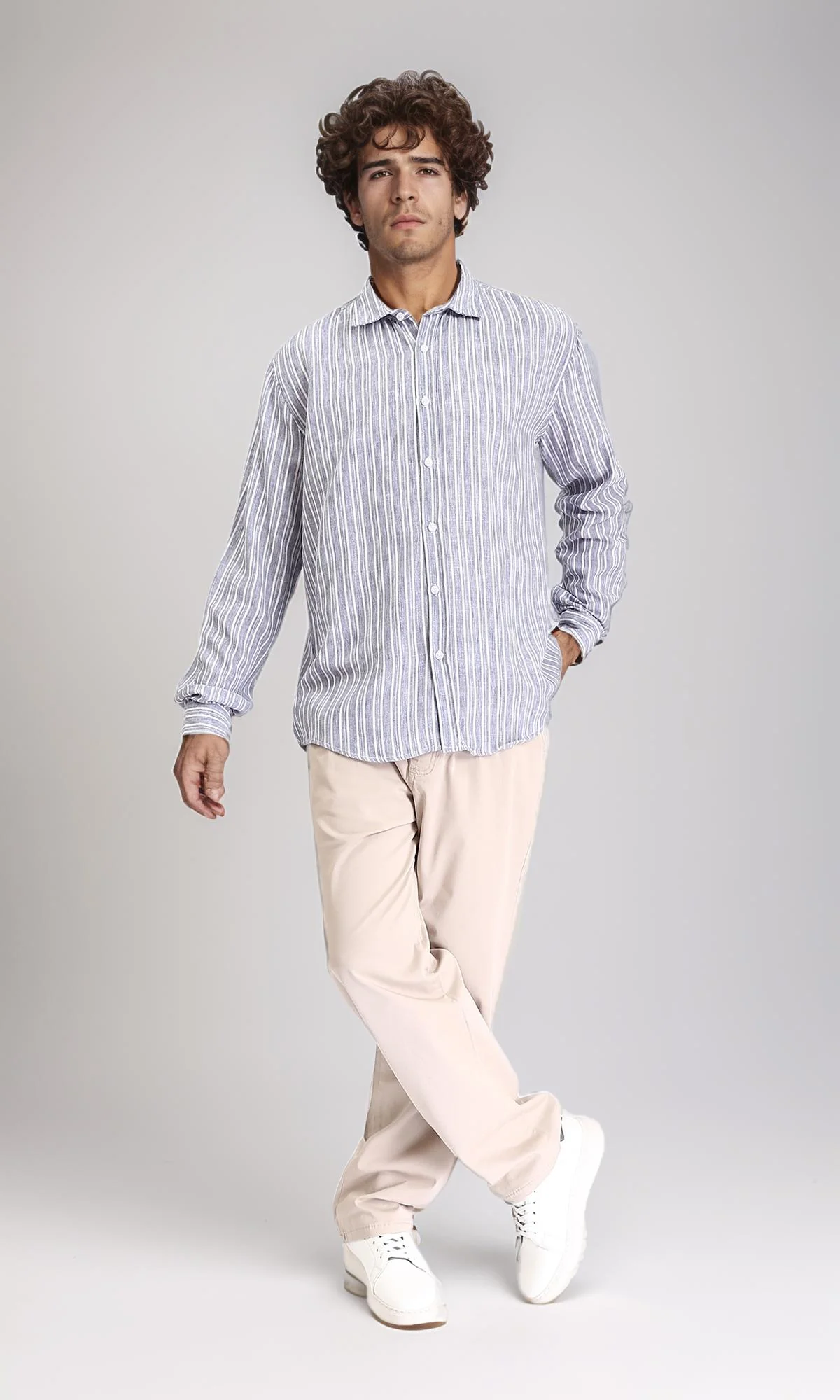 R214224 - Striped Long Sleeves Casual Shirt - Navy Blue & White - Image 5
