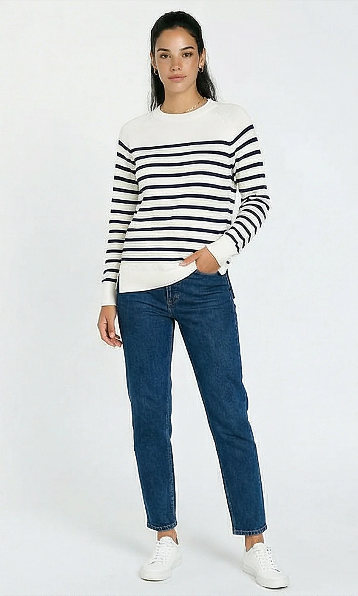 R214322 - Ribbed Mock Neck Striped Long Pullover - Off-White & Black - Image 4