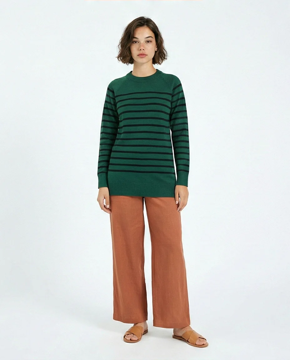 R214323 - Long Sleeves Striped Long Pullover - Dark Green & Black - Image 4