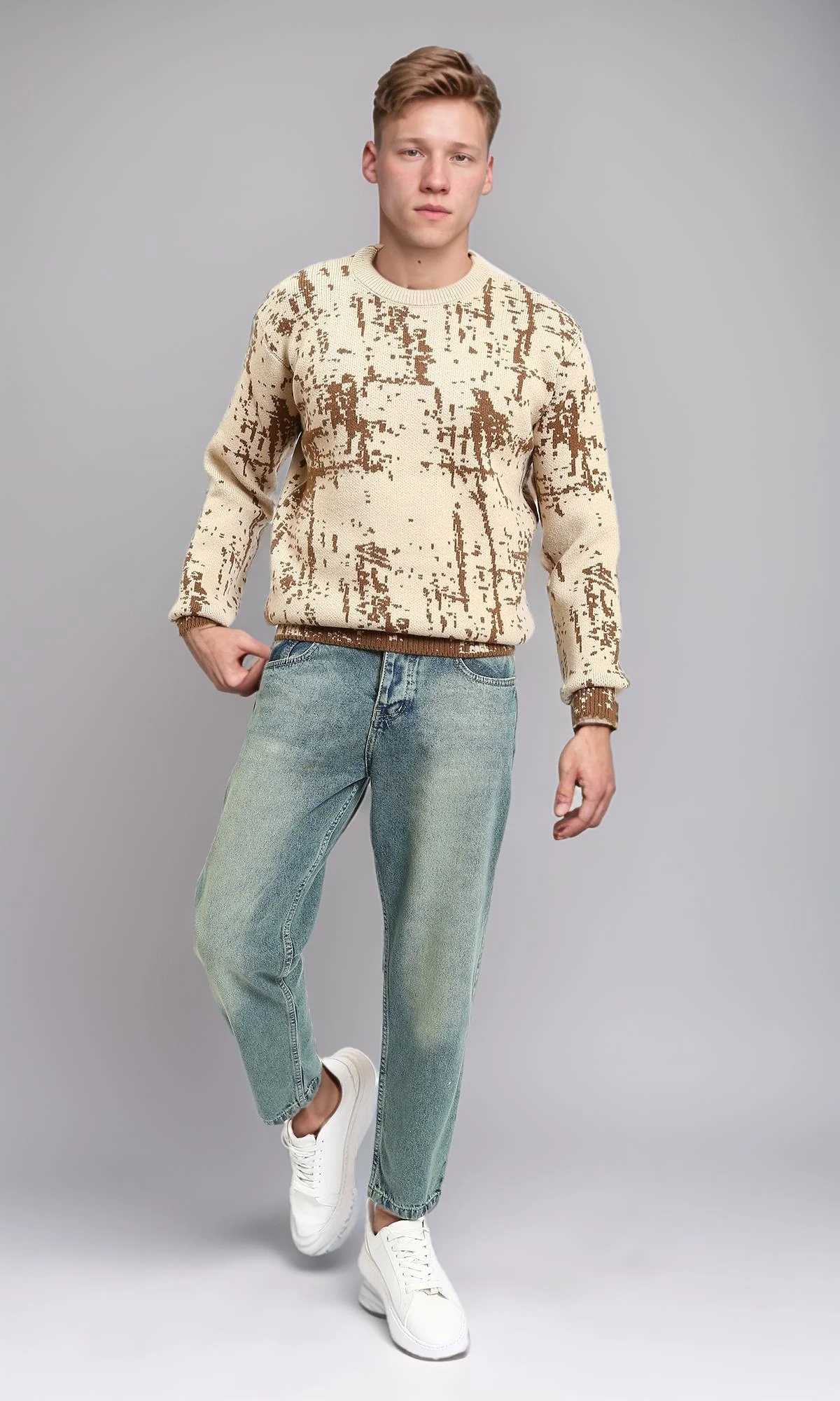 R214475 - Patterned Long Sleeves winter Sweater - Beige & Brown - Image 4