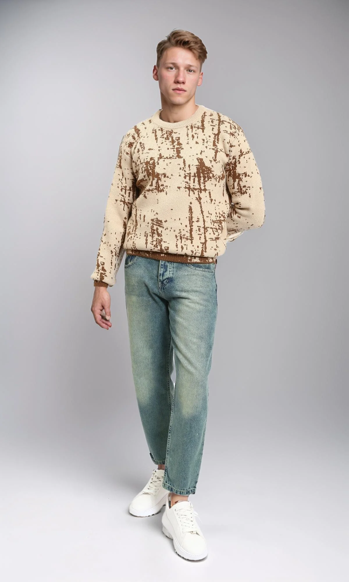 R214475 - Patterned Long Sleeves winter Sweater - Beige & Brown - Image 5