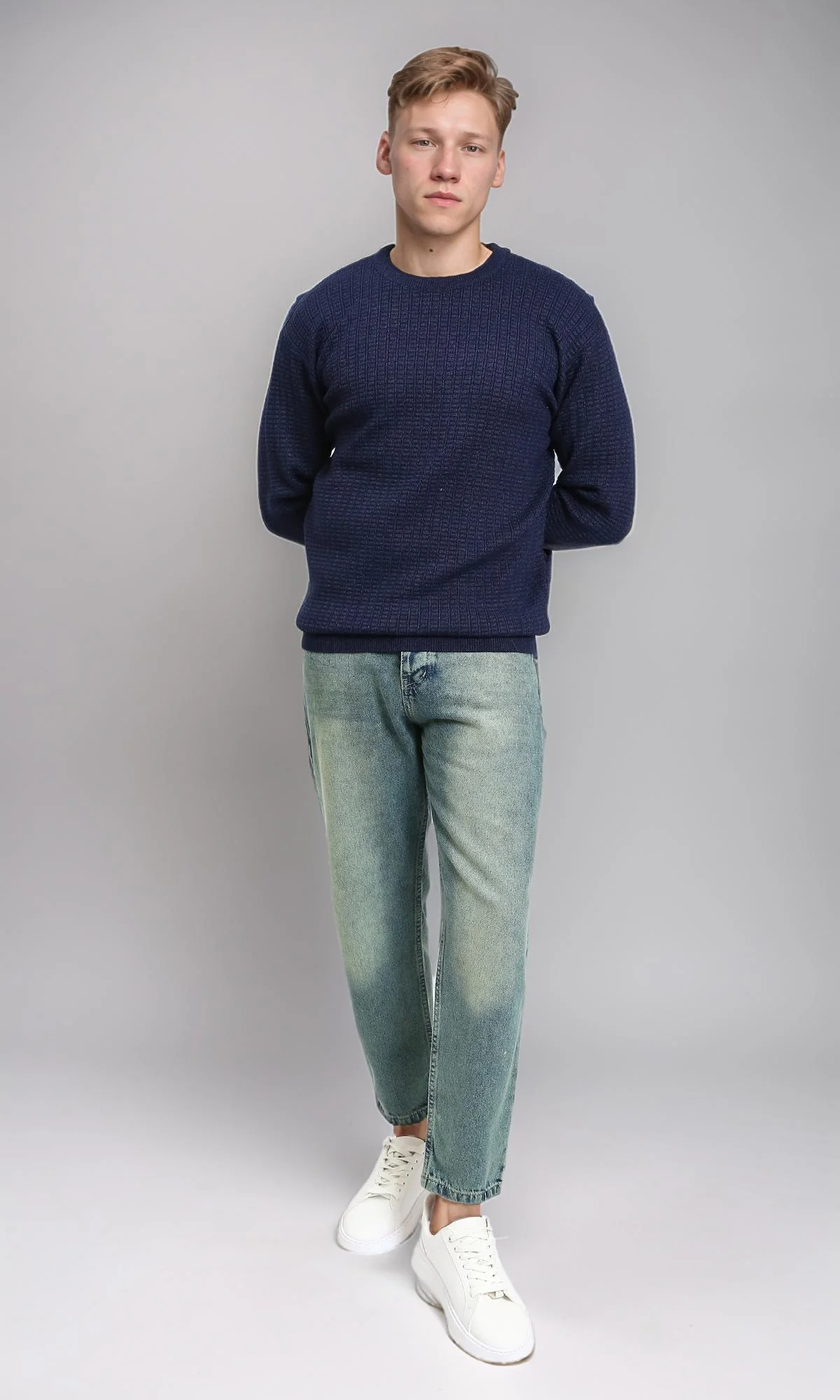 R214479 - Slip On Regular Fit Textured Sweater - Navy Blue - Image 4