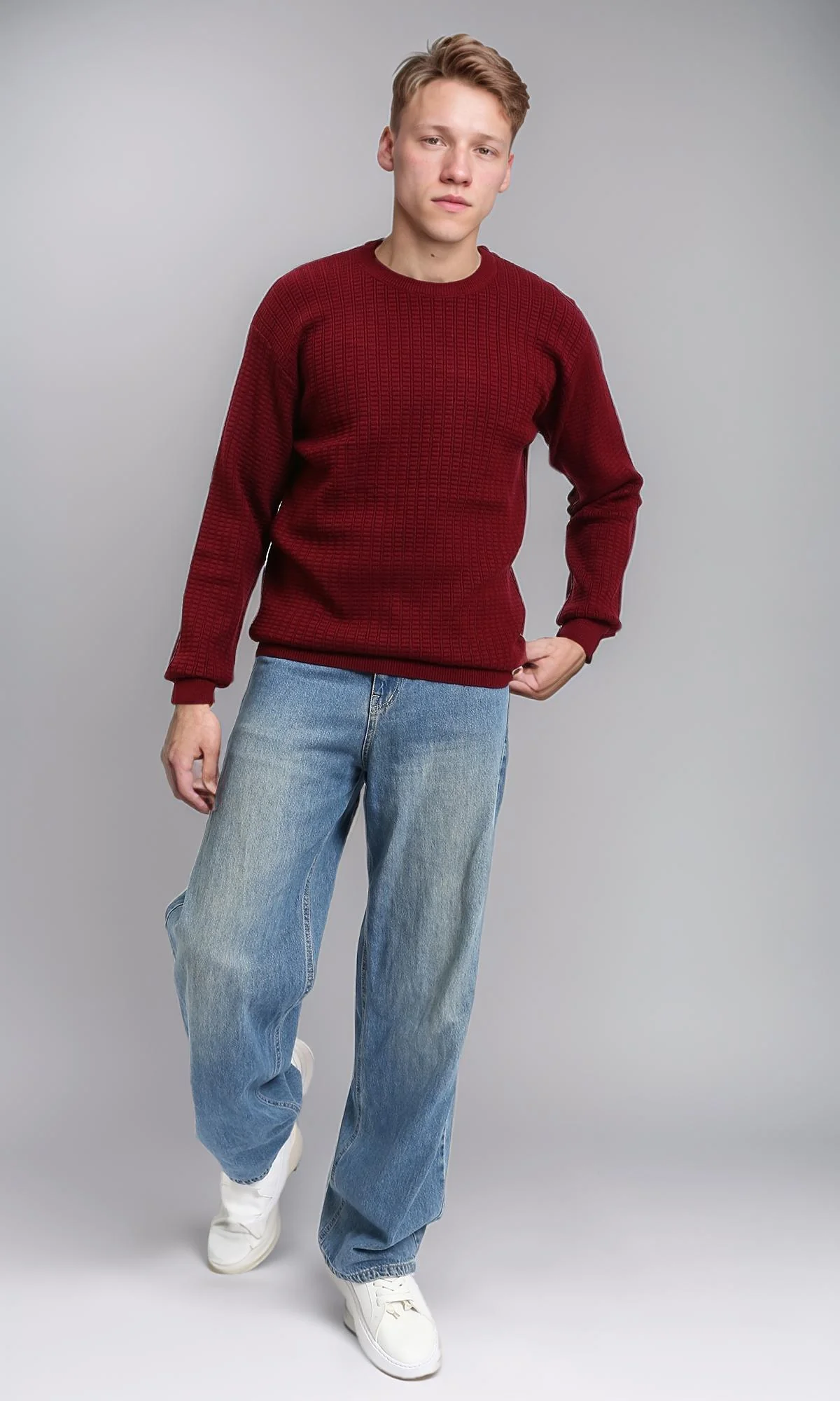 R214482 - Slip On Regular Fit Textured Sweater - Burgundy - Image 4