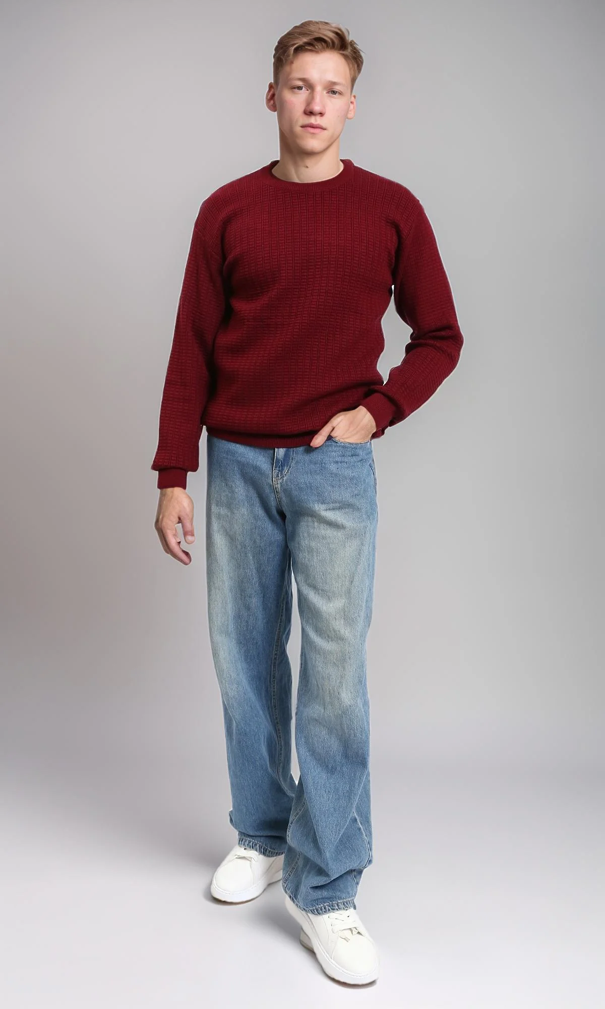 R214482 - Slip On Regular Fit Textured Sweater - Burgundy - Image 5