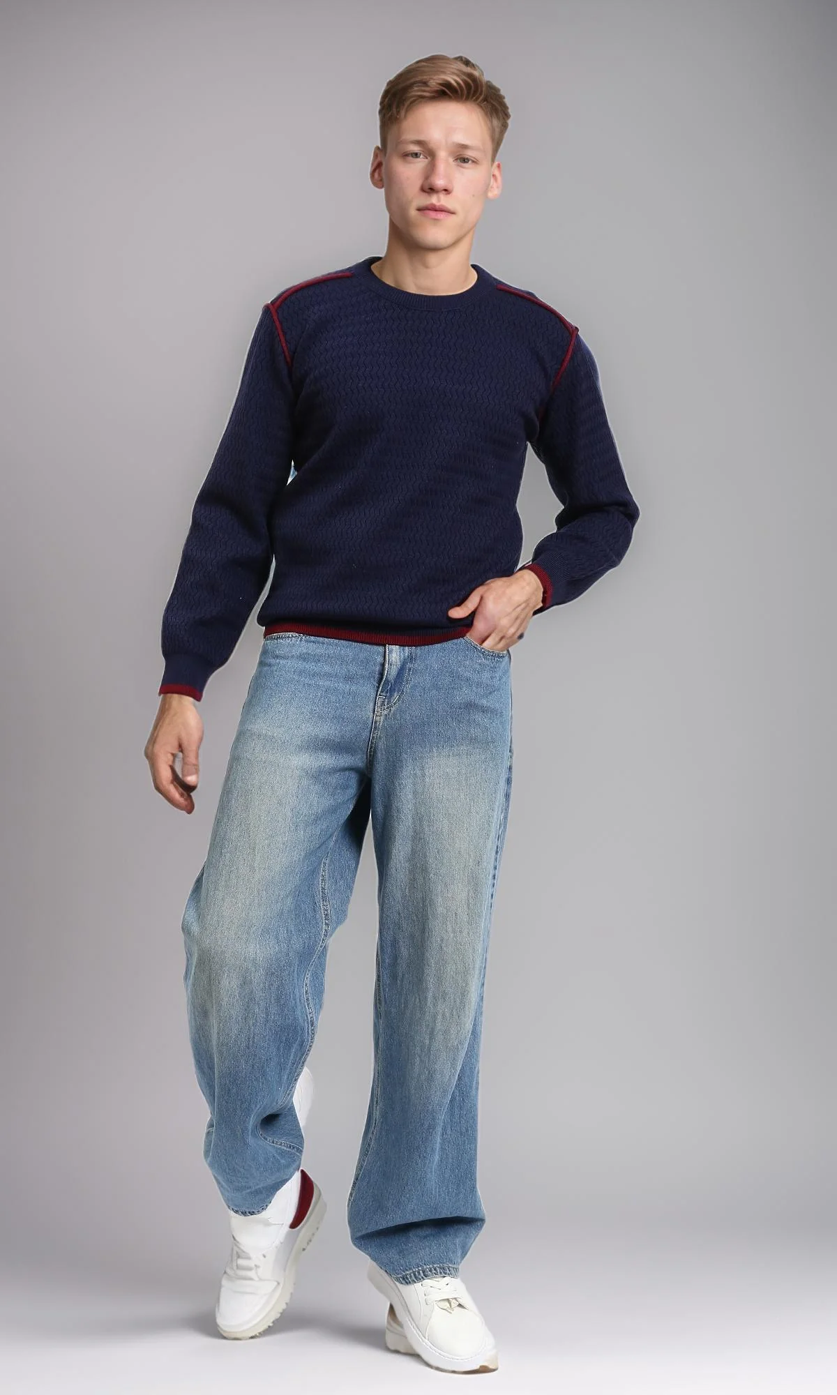 R214488 - Slip On Sweater with Piping Detail - Navy Blue - Image 4