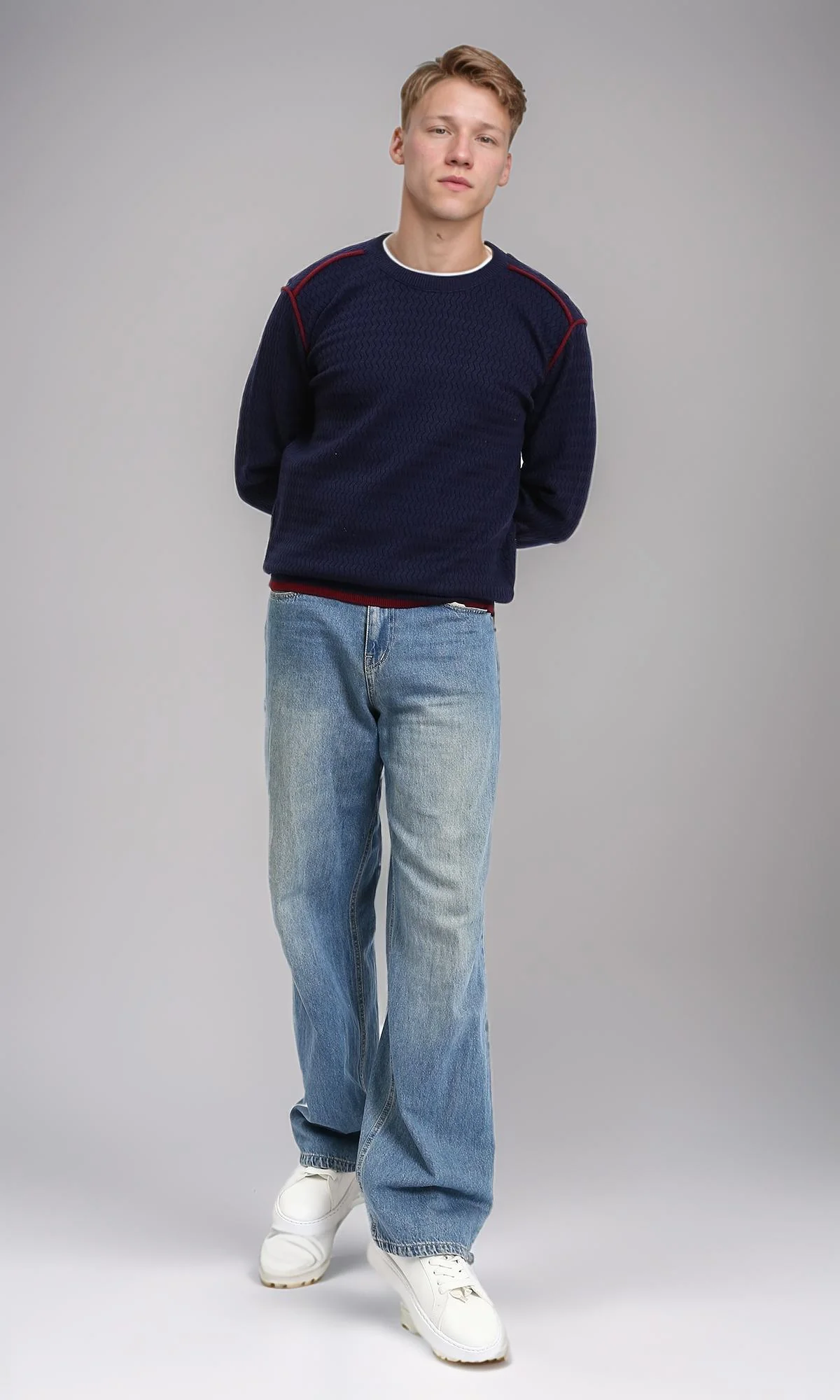 R214488 - Slip On Sweater with Piping Detail - Navy Blue - Image 5