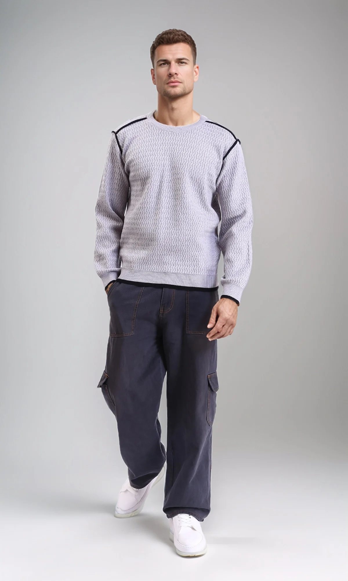 R214489 - Self Wave Line Crew Neck Sweater - Grey - Image 4