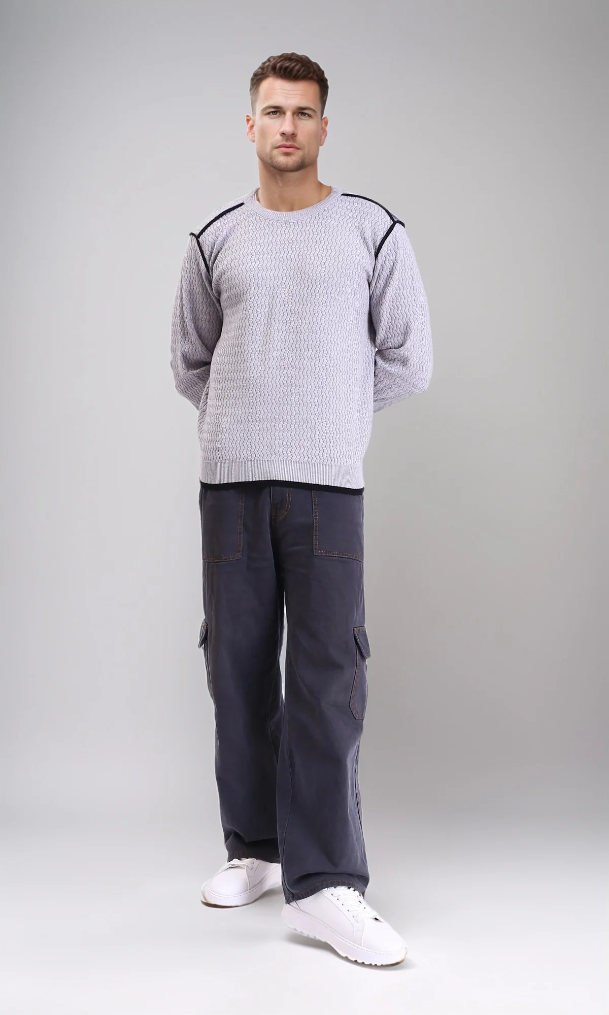 R214489 - Self Wave Line Crew Neck Sweater - Grey - Image 5