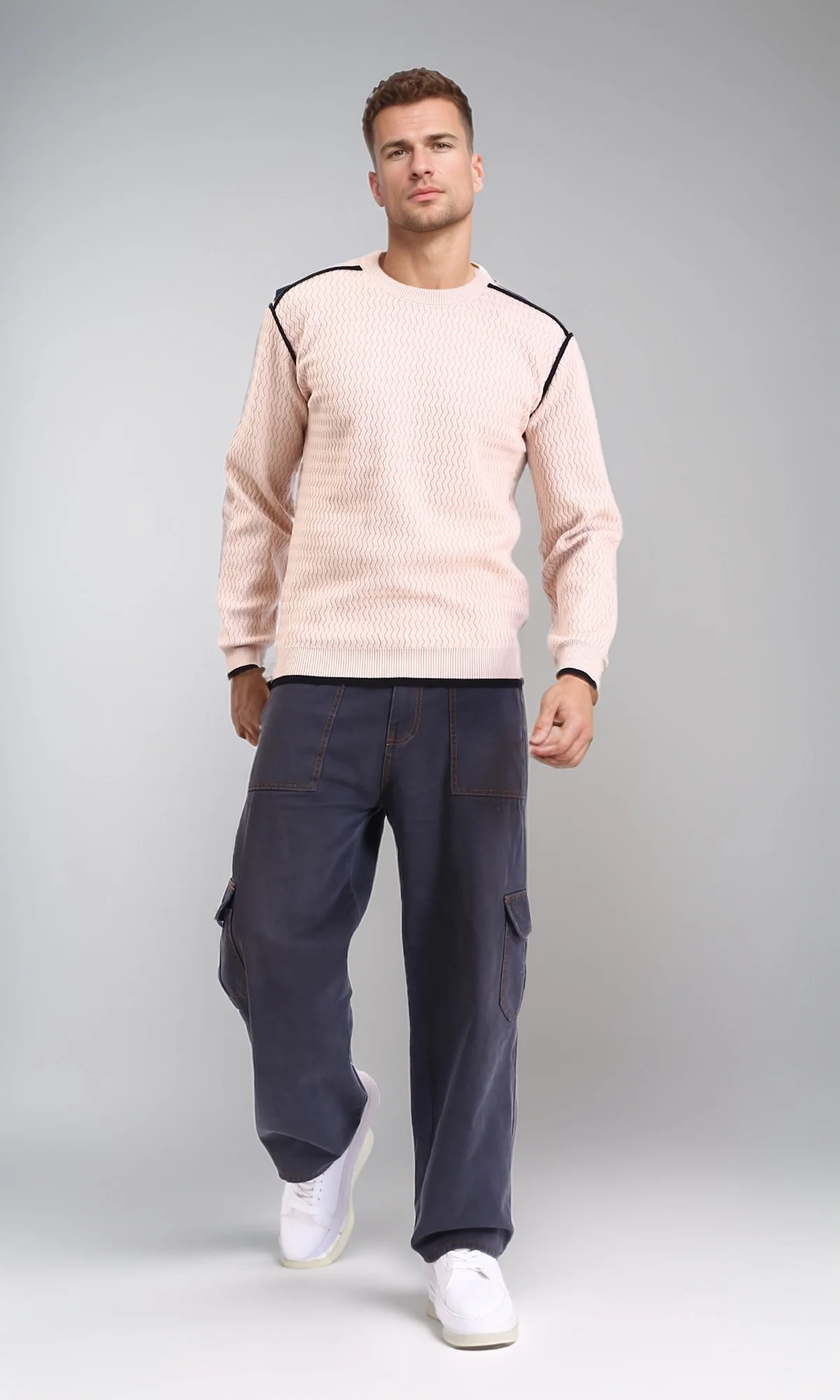 R214490 - Self Wave Line Crew Neck Sweater - Beige - Image 4