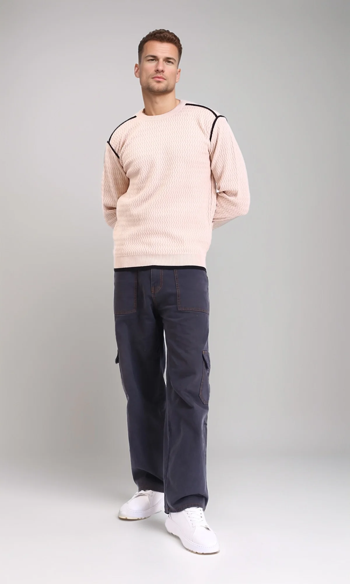 R214490 - Self Wave Line Crew Neck Sweater - Beige - Image 5