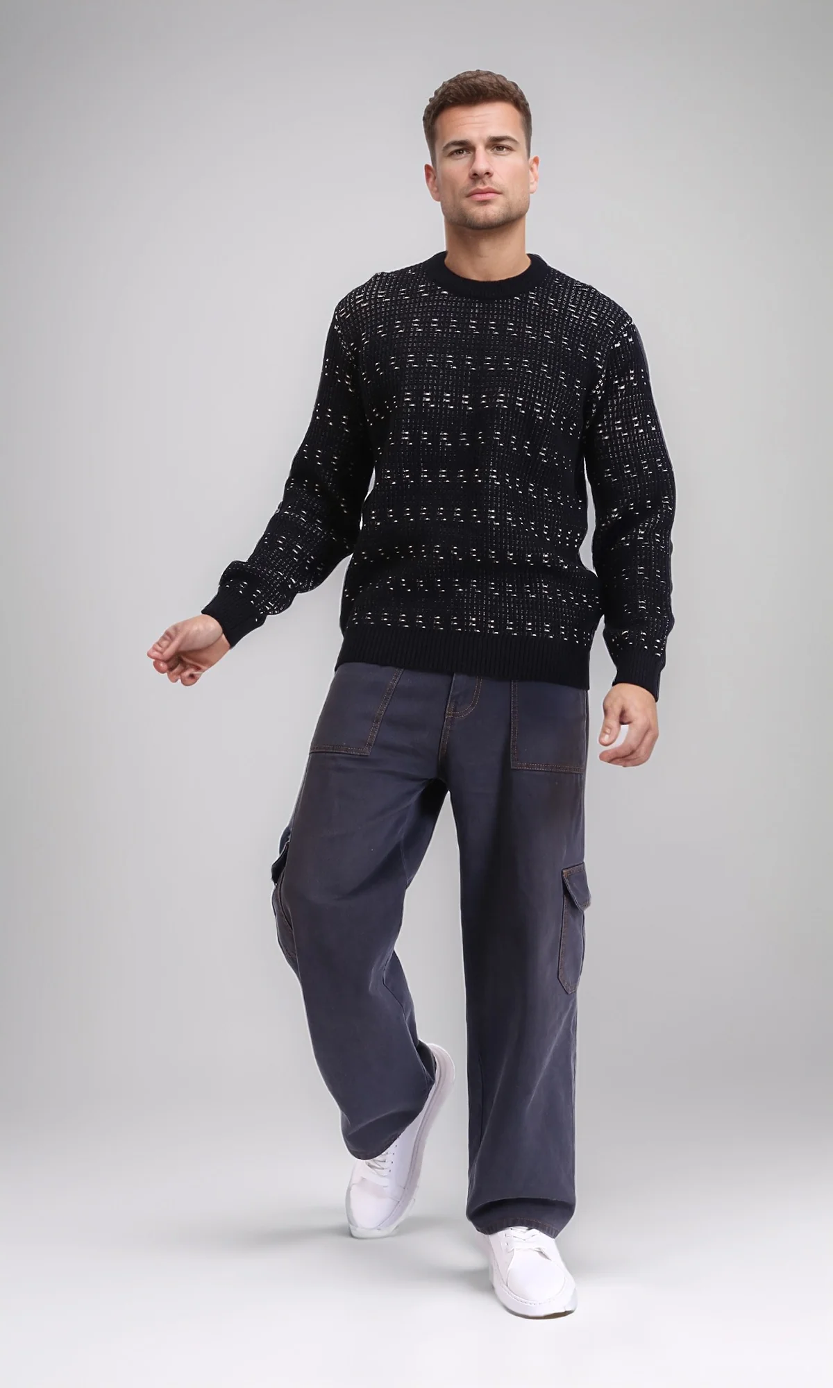 R214493 - Ribbed Round Neck Knitted Pullover - Black - Image 4