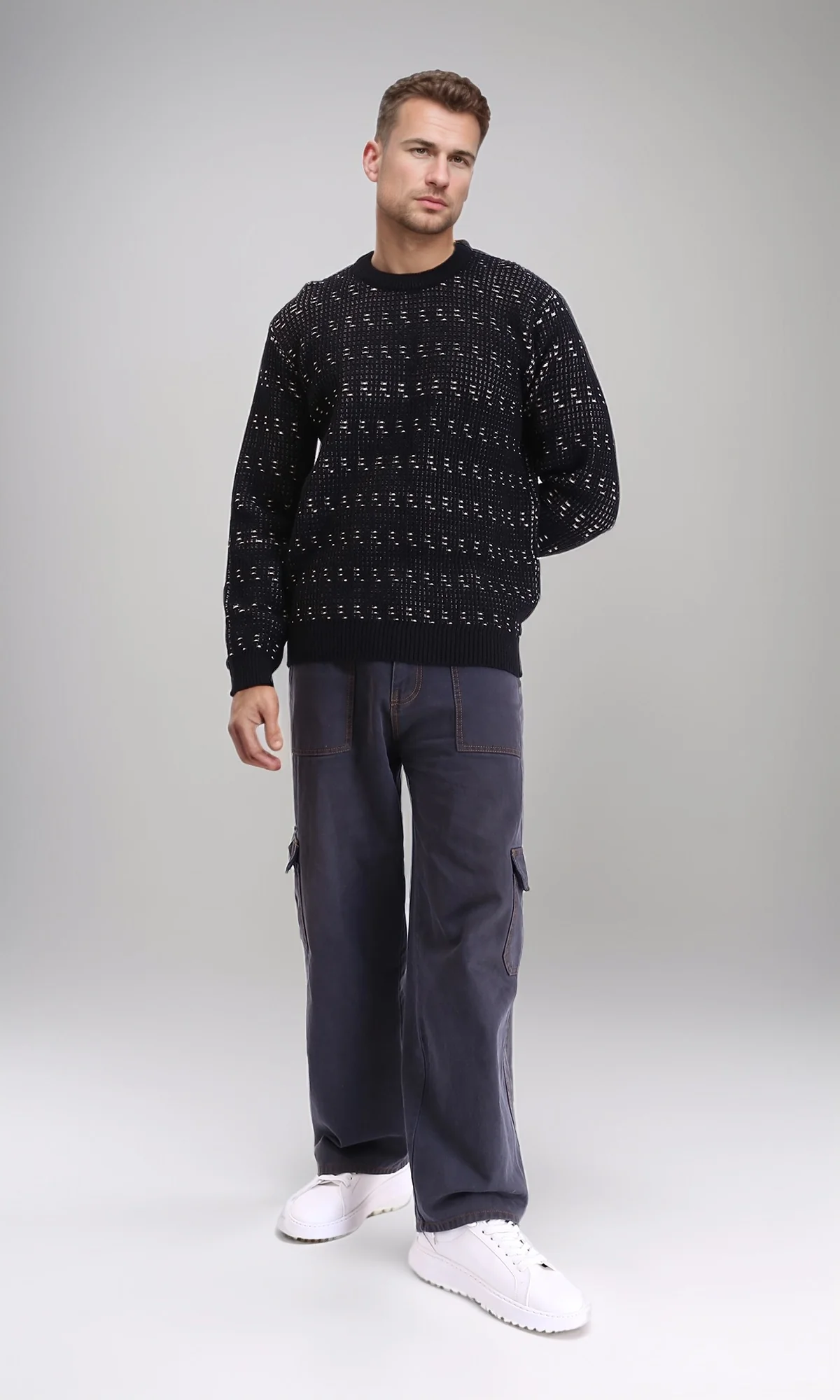 R214493 - Ribbed Round Neck Knitted Pullover - Black - Image 5