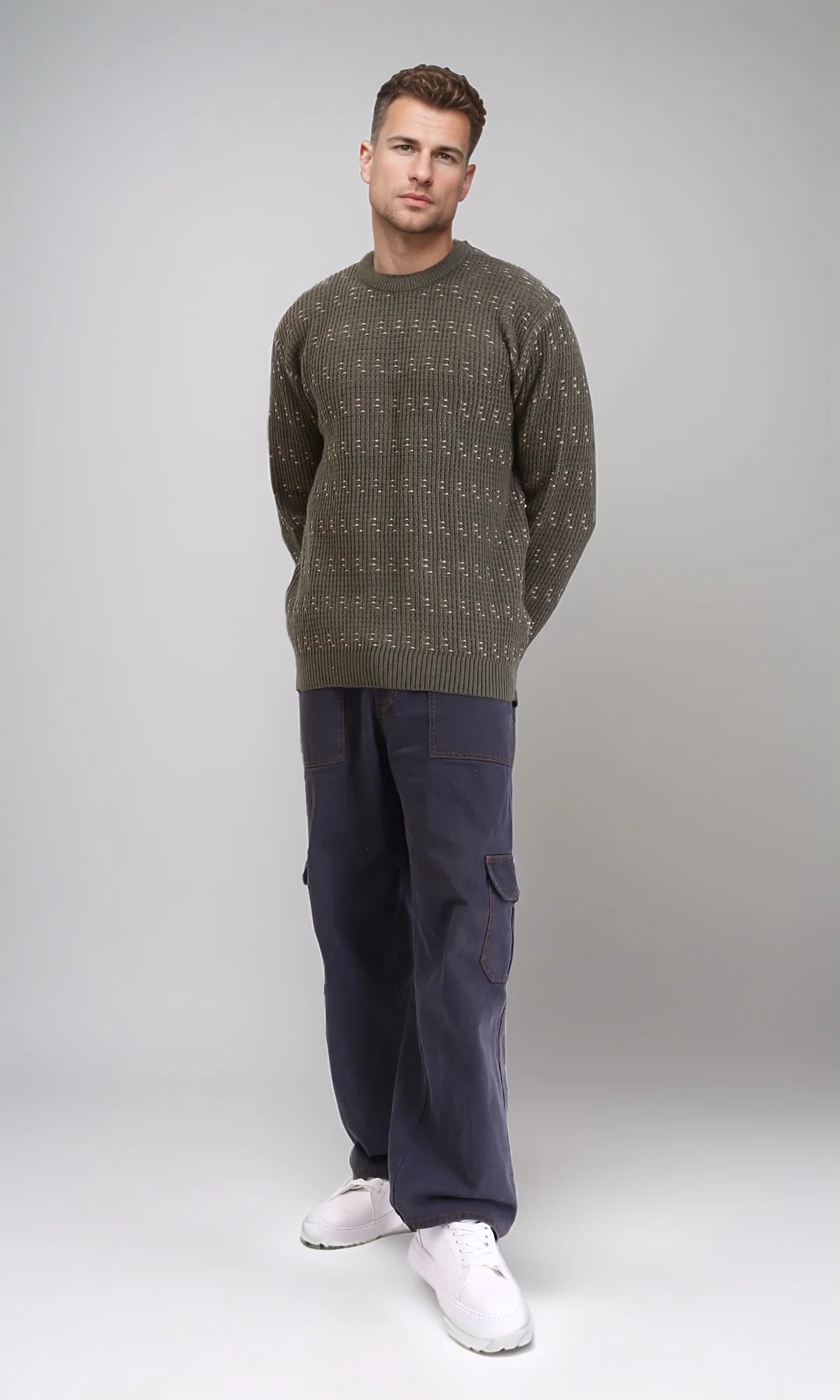 R214495 - Ribbed Round Neck Knitted Pullover - Army Green - Image 4
