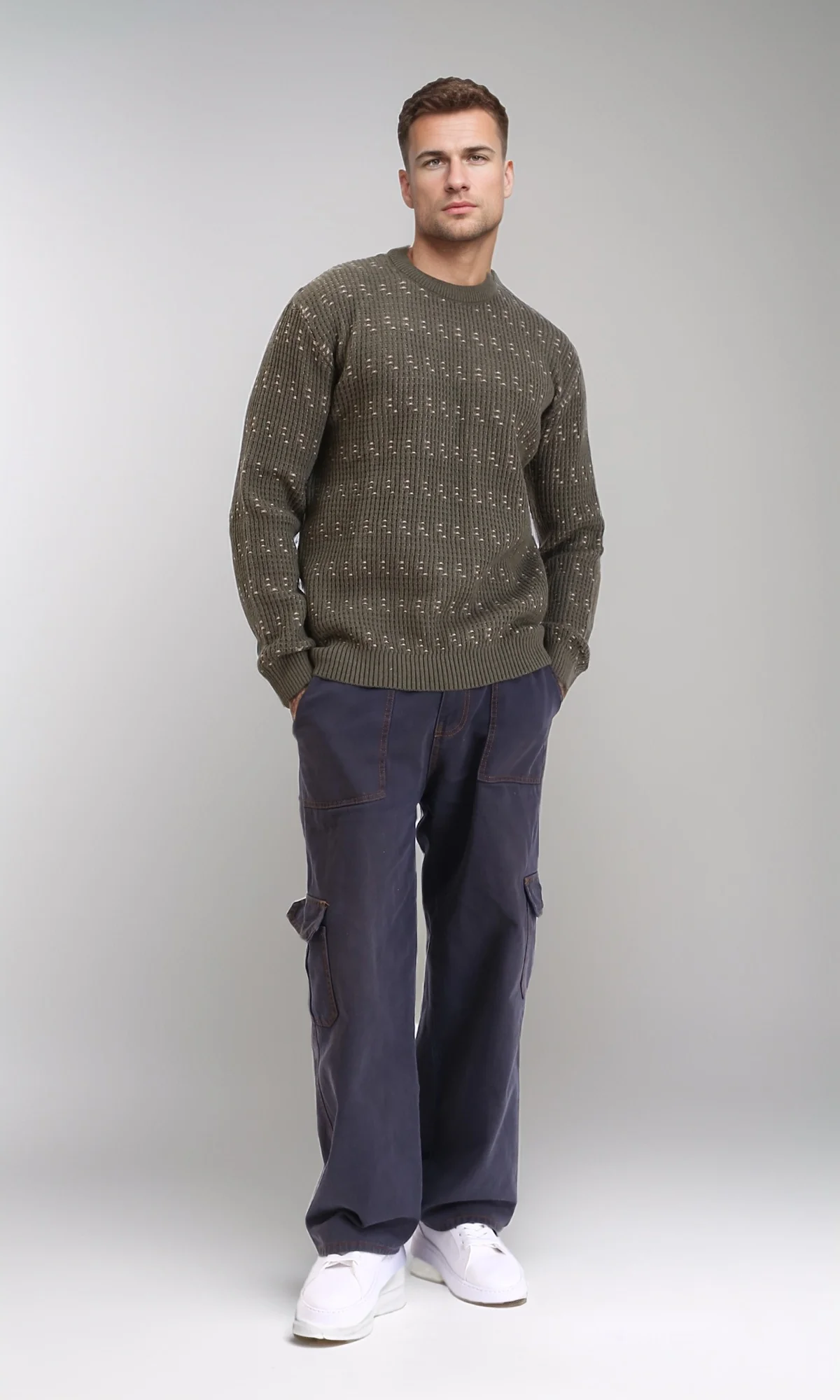 R214495 - Ribbed Round Neck Knitted Pullover - Army Green - Image 5