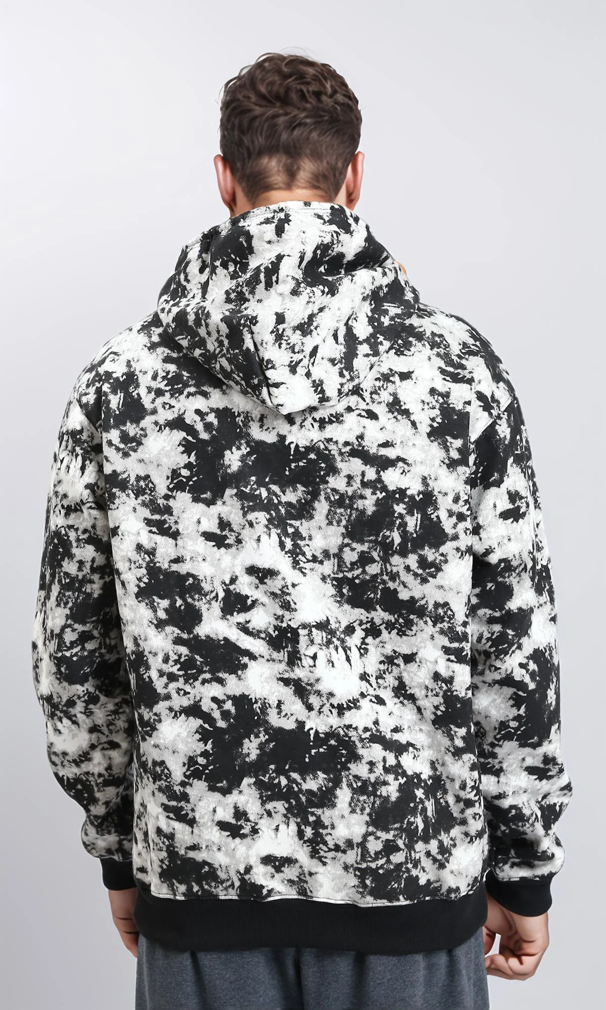 R214519 - Patterned Slip On Hoodie with Kangaroo Pocket - Black & White - Image 2