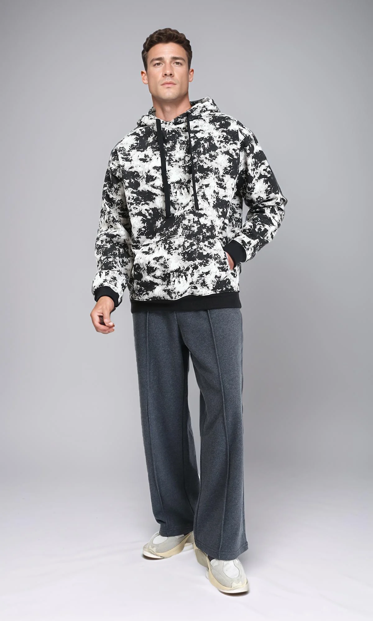 R214519 - Patterned Slip On Hoodie with Kangaroo Pocket - Black & White - Image 4
