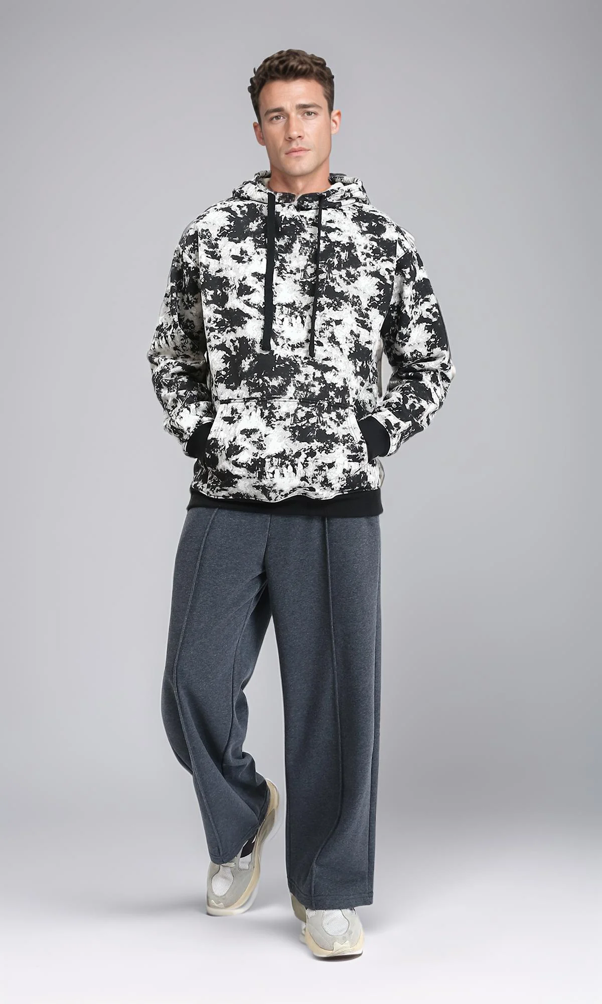 R214519 - Patterned Slip On Hoodie with Kangaroo Pocket - Black & White - Image 5
