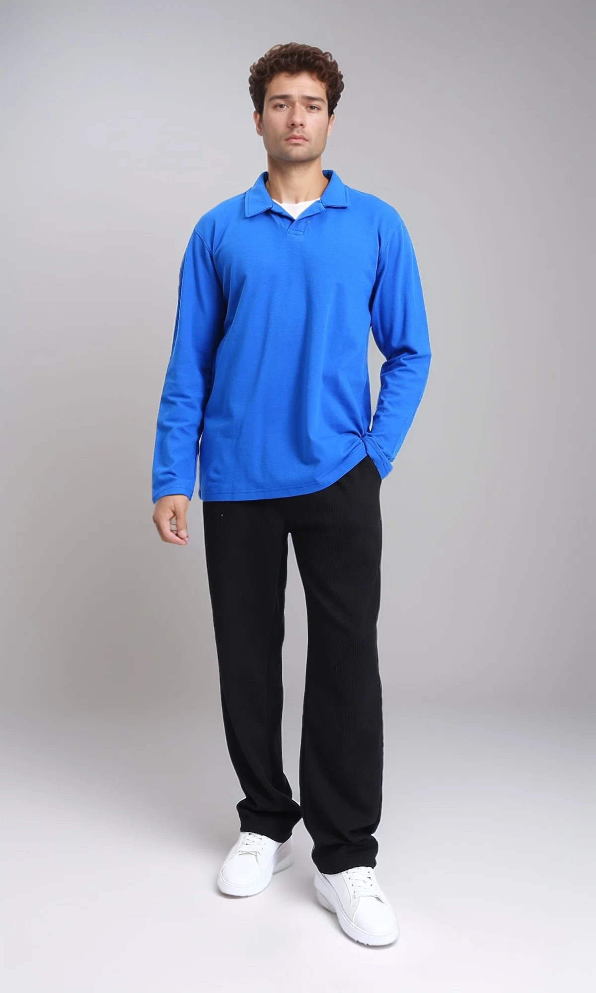 R214569 - Long Sleeves Solid Cotton Polo Shirt - Blue - Image 4
