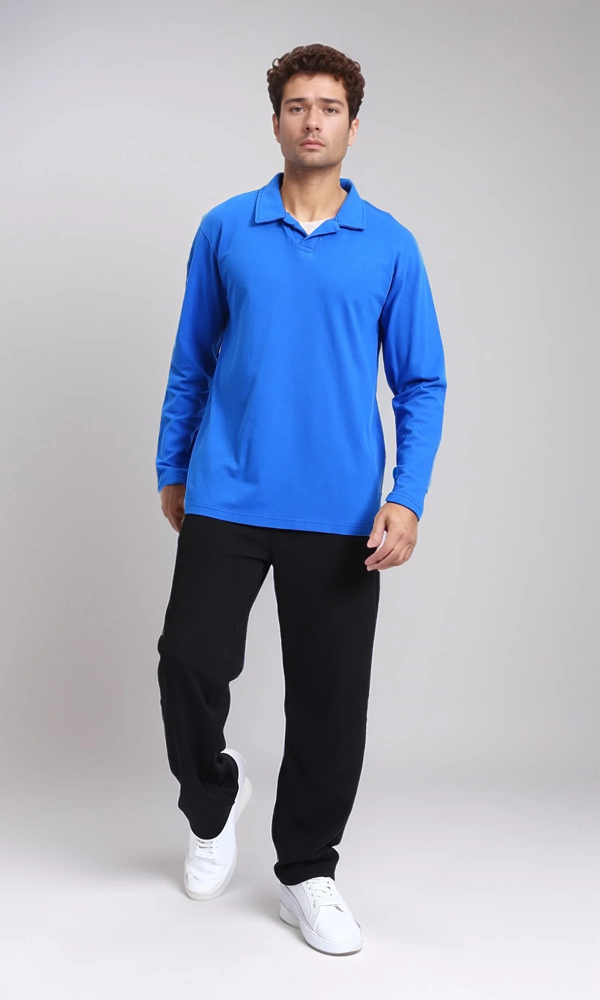 R214569 - Long Sleeves Solid Cotton Polo Shirt - Blue - Image 5