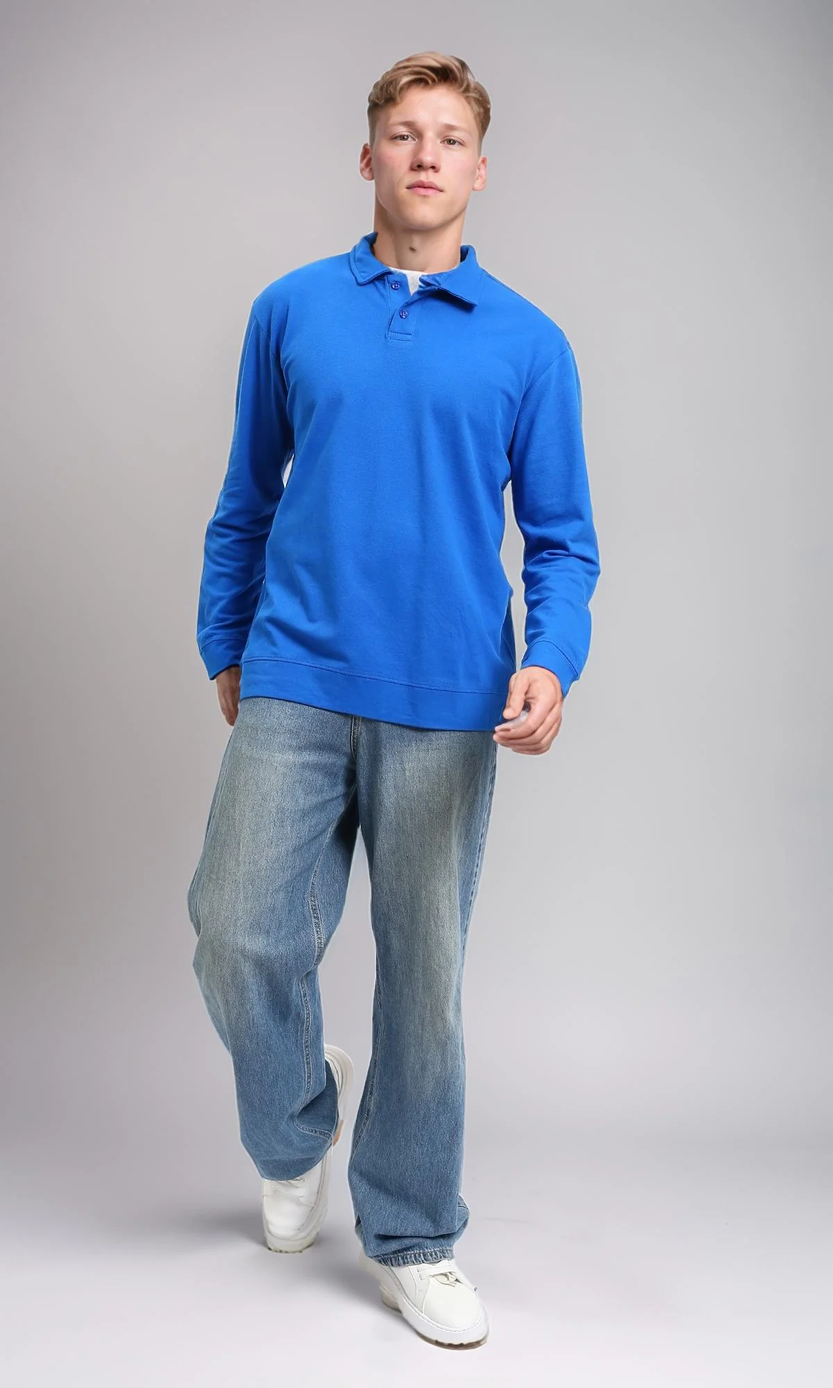 R214572 - Buttoned Classic Collar Basic Polo Shirt - Blue - Image 5