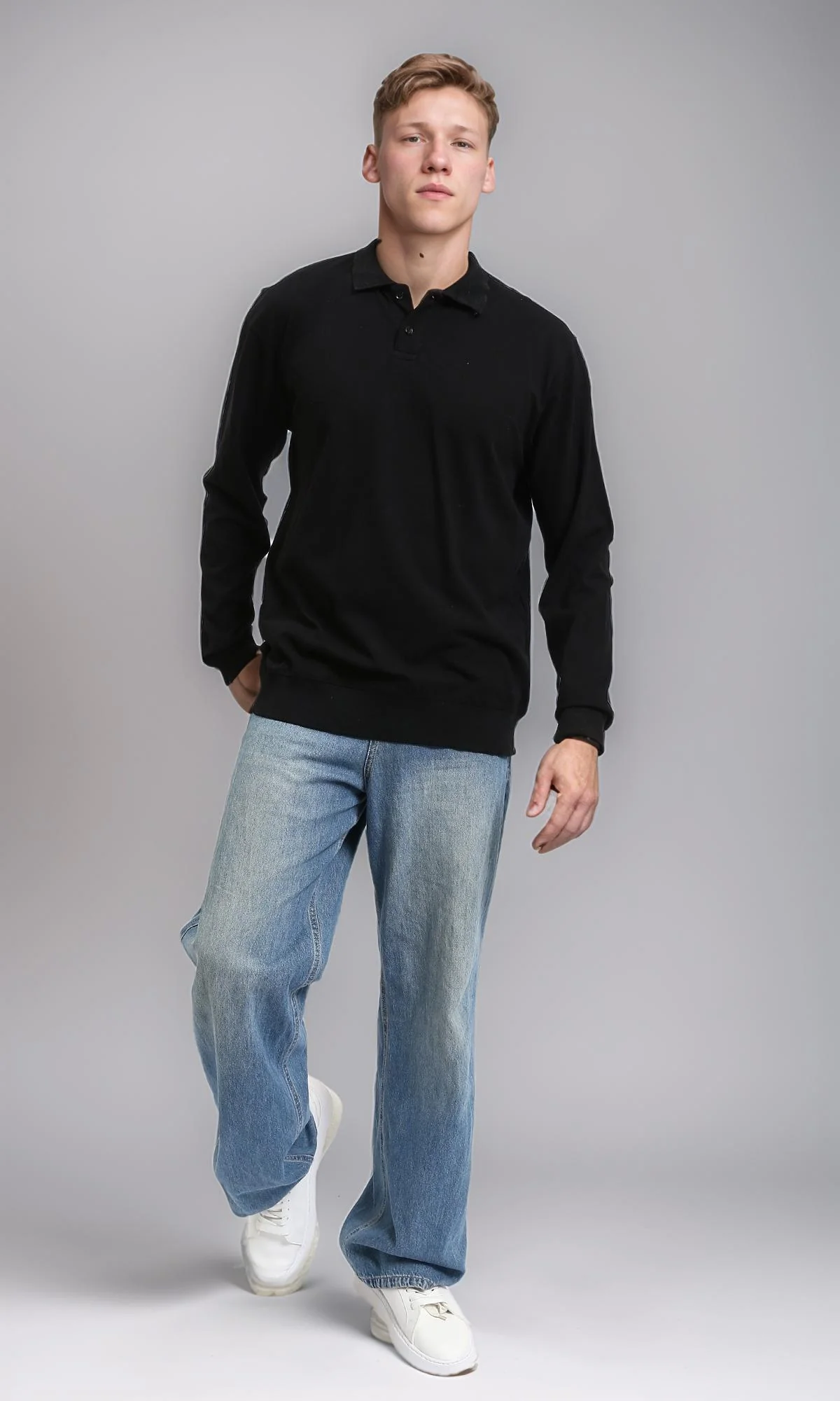 R214573 - Buttoned Classic Collar Basic Polo Shirt - Black - Image 4