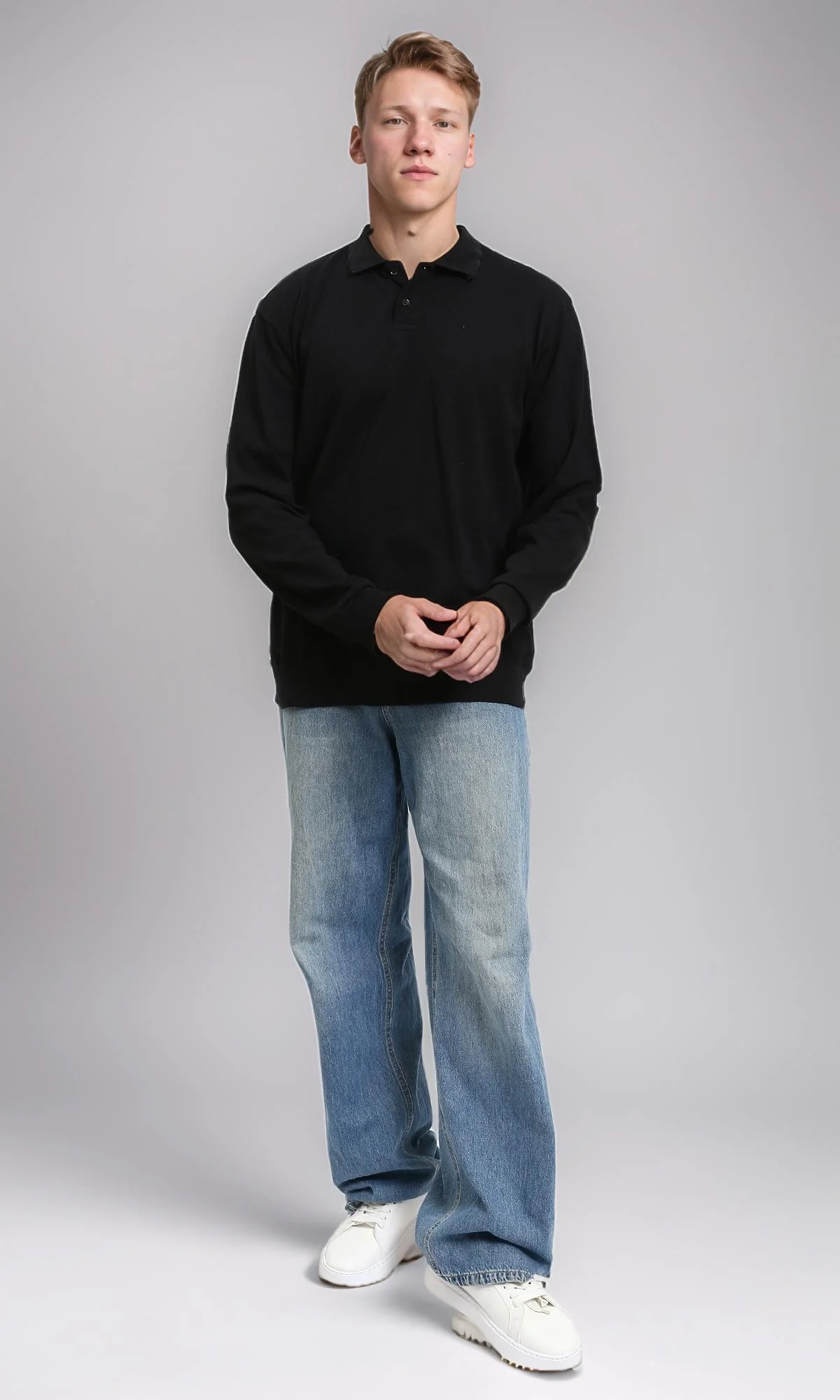R214573 - Buttoned Classic Collar Basic Polo Shirt - Black - Image 5