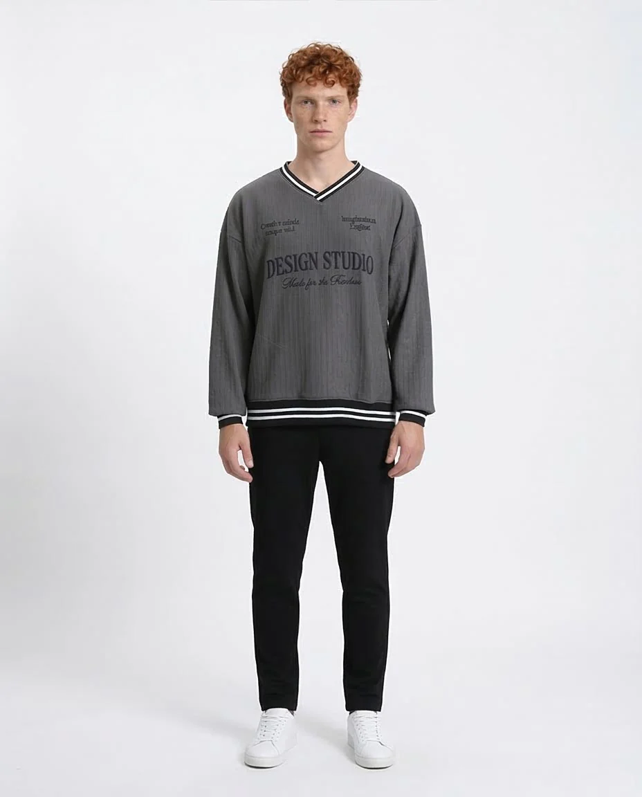 Embroidered "Design Studio" Slip On Sweatshirt - Dark Grey - R214676 - Image 3