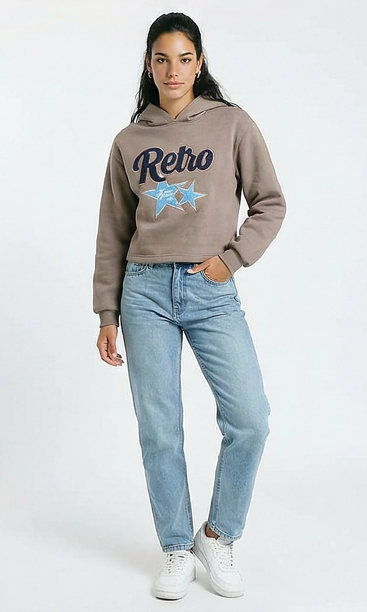 R214785 - Stitched "Retro" Slip On Hoodie - Taupe - Image 4