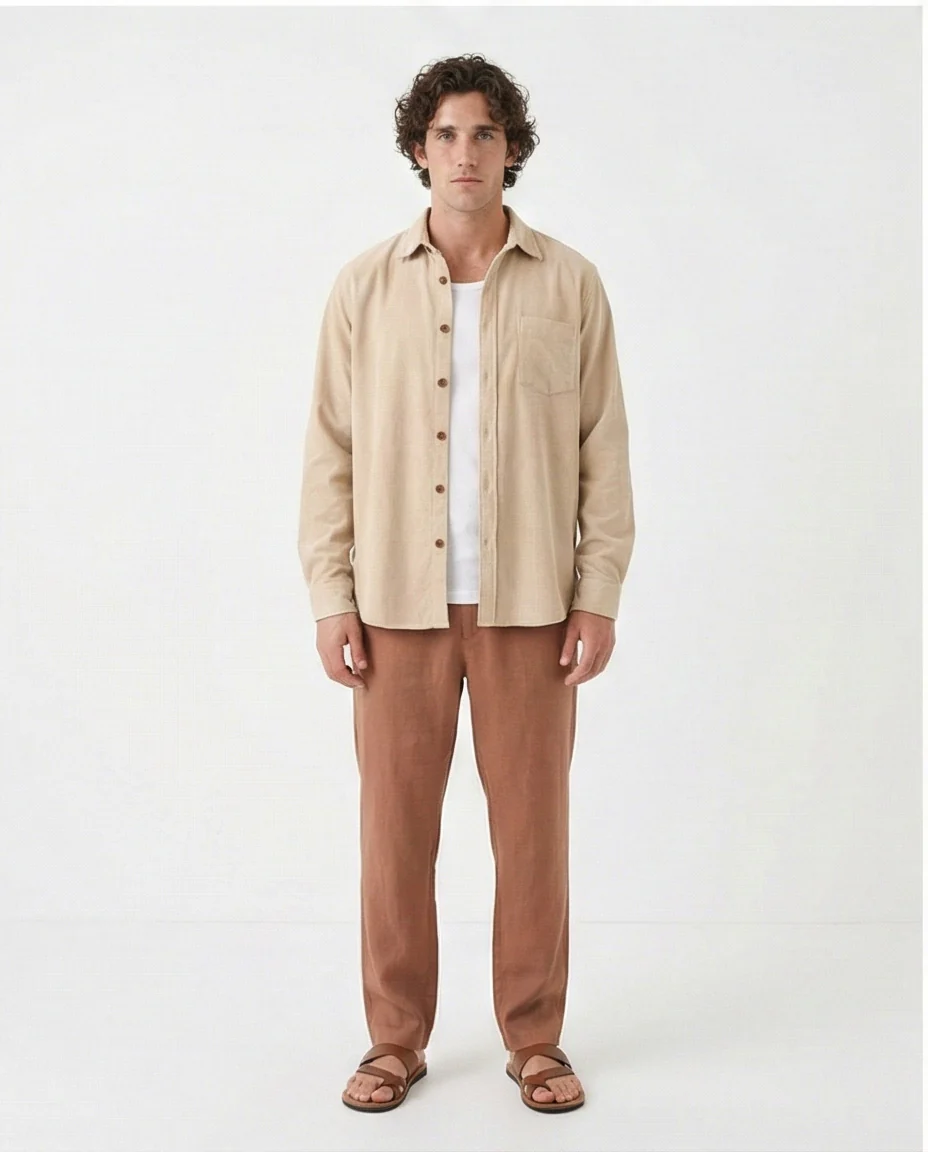 R214896 - Buttons Down Suede Long Sleeve Shirt - Beige - Image 3