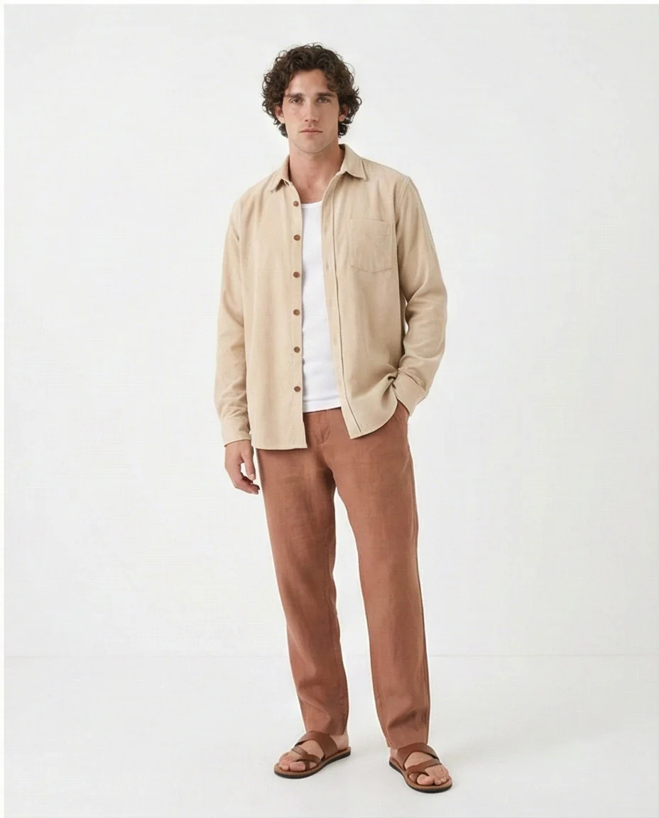 R214896 - Buttons Down Suede Long Sleeve Shirt - Beige - Image 4