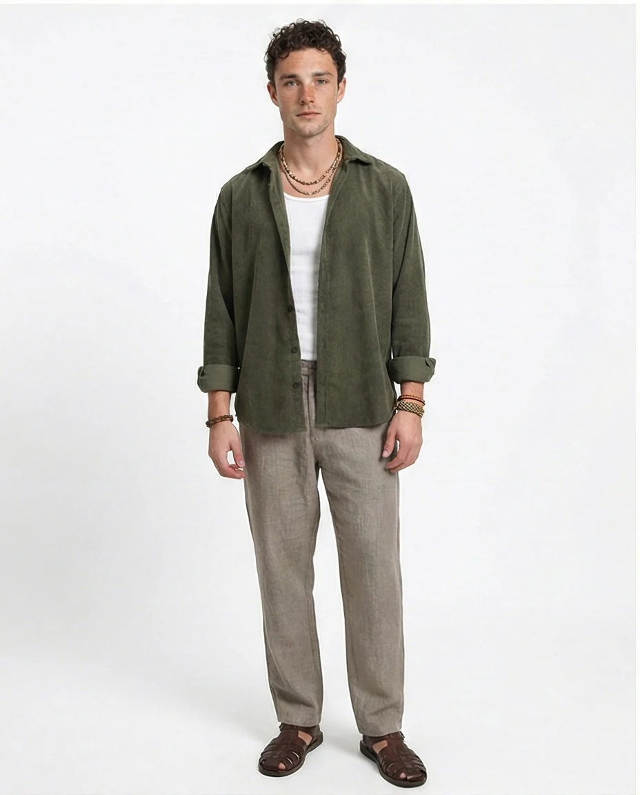 R214897 - Buttons Down Suede Long Sleeve Shirt - Army - Image 3