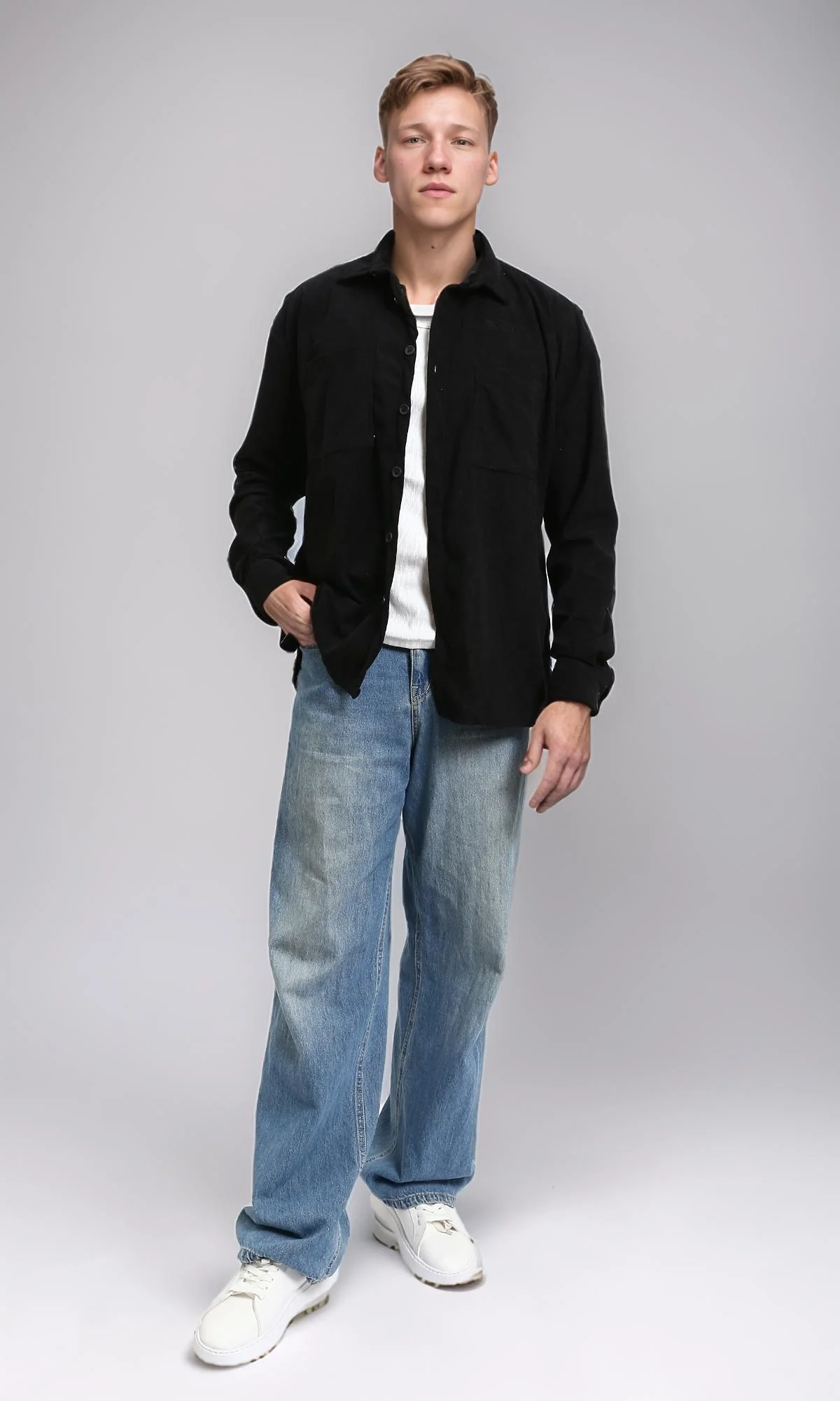R214898 - Suede Long Sleeve Shirt with Front Pockets - Black - Image 5