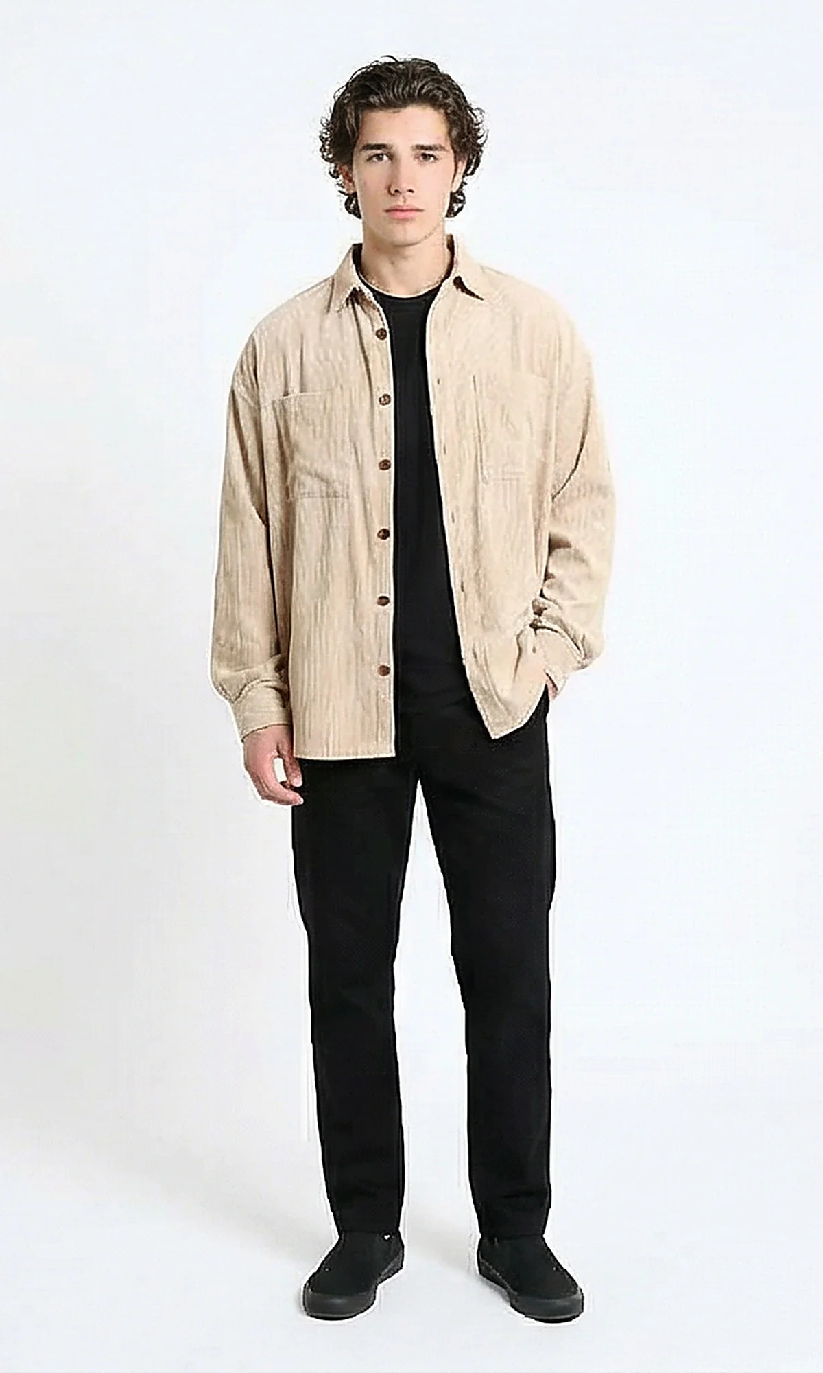 R214899 - Casual Long Sleeve Ribbed Shirt - Beige - Image 6