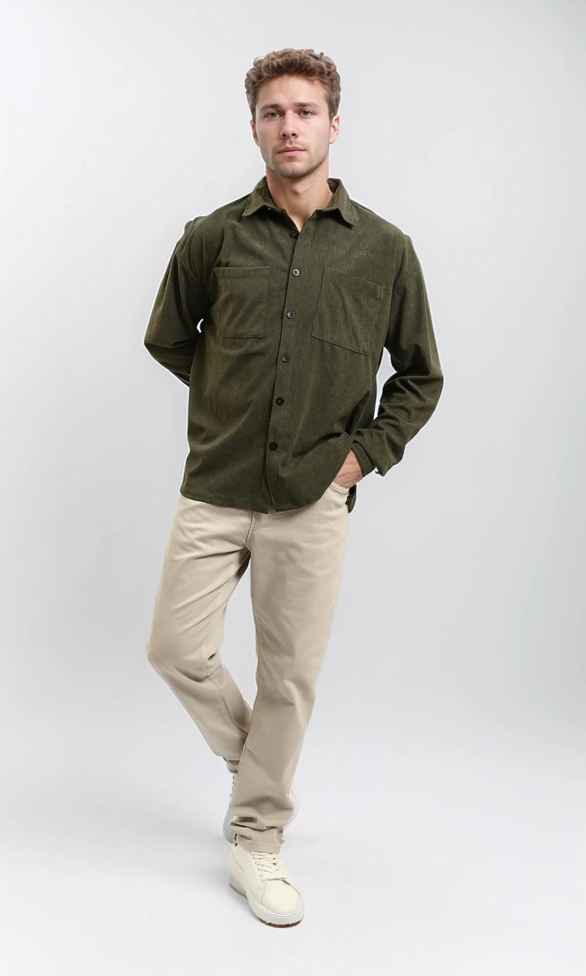 R214900 - Long Sleeve Casual Corduroy Winter Shirt - Dark Khaki - Image 6