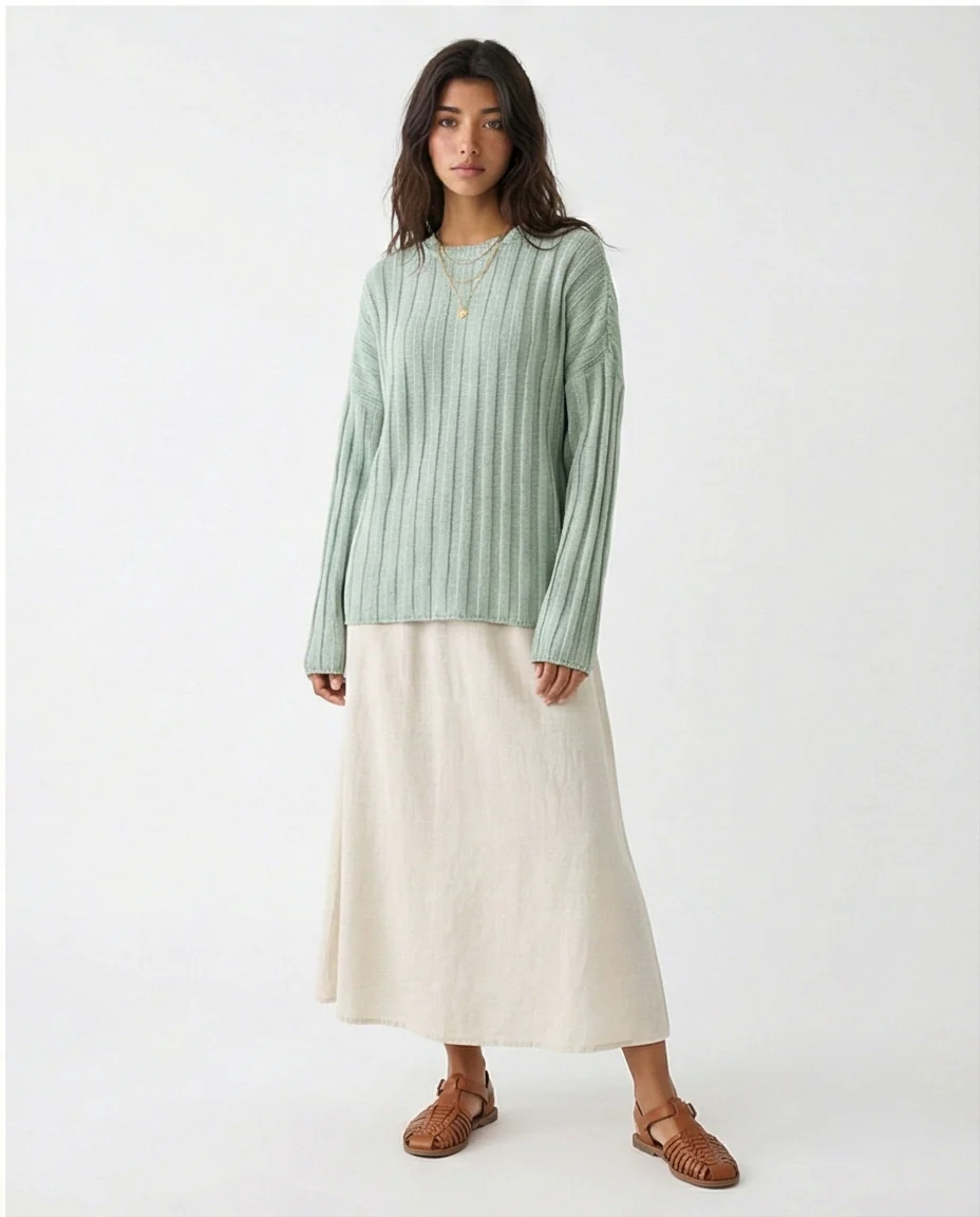 R214918 - Ribbed Knit Relaxed Fit Pullover - Light Mint - Image 5