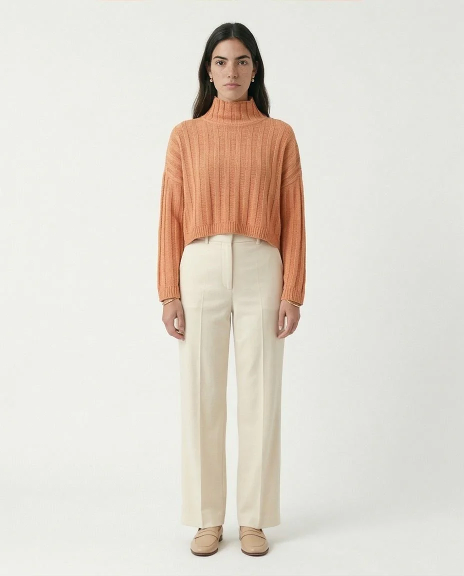 Ravin | Women’s Apricot Ribbed Funnel Neck Cropped Sweater - Coral - R214924 - Image 4