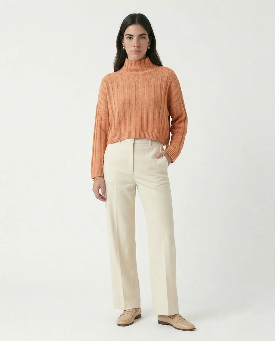 Ravin | Women’s Apricot Ribbed Funnel Neck Cropped Sweater - Coral - R214924 - Image 5