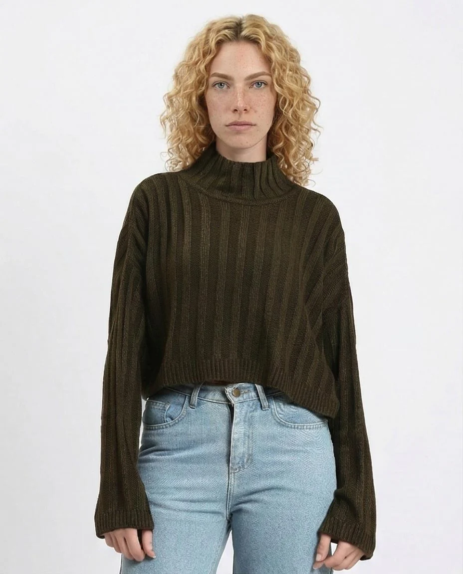 Ravin Olive Ribbed Mock-Neck Cropped Sweater - R214925