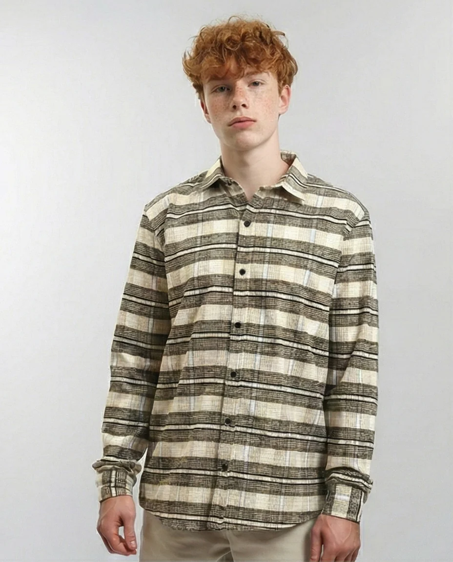 R215009 - Buttons Down Checkered Long Sleeve Shirt - Beige & Black