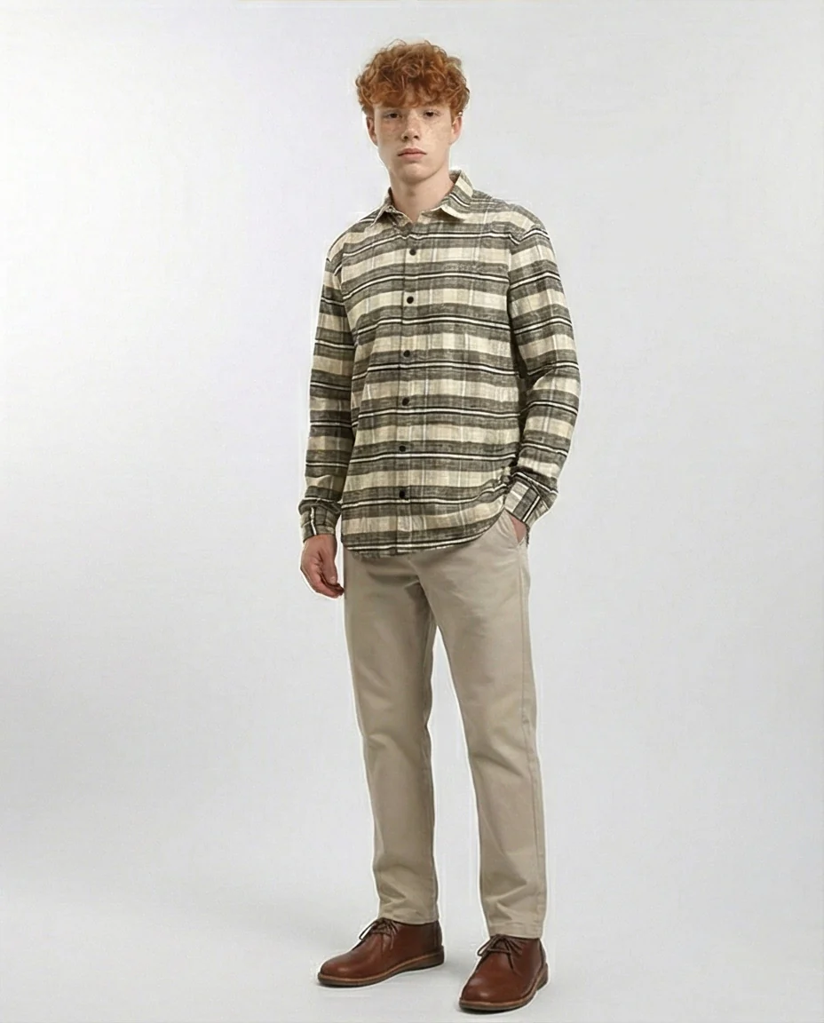 R215009 - Buttons Down Checkered Long Sleeve Shirt - Beige & Black - Image 5